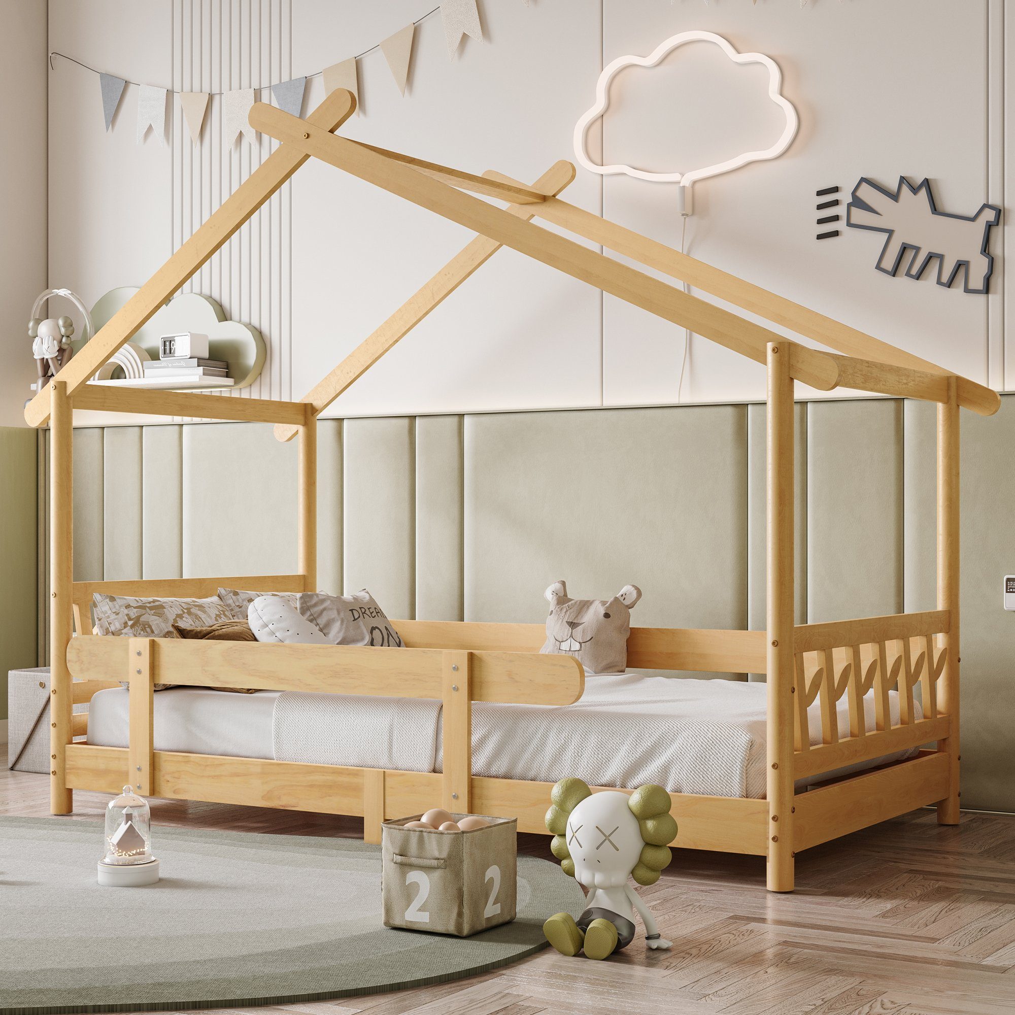 Ulife Kinderbett mit Gitter und cm | Lattenrost, Natur Natur × | Rausfallschutz, 200 90 Natur