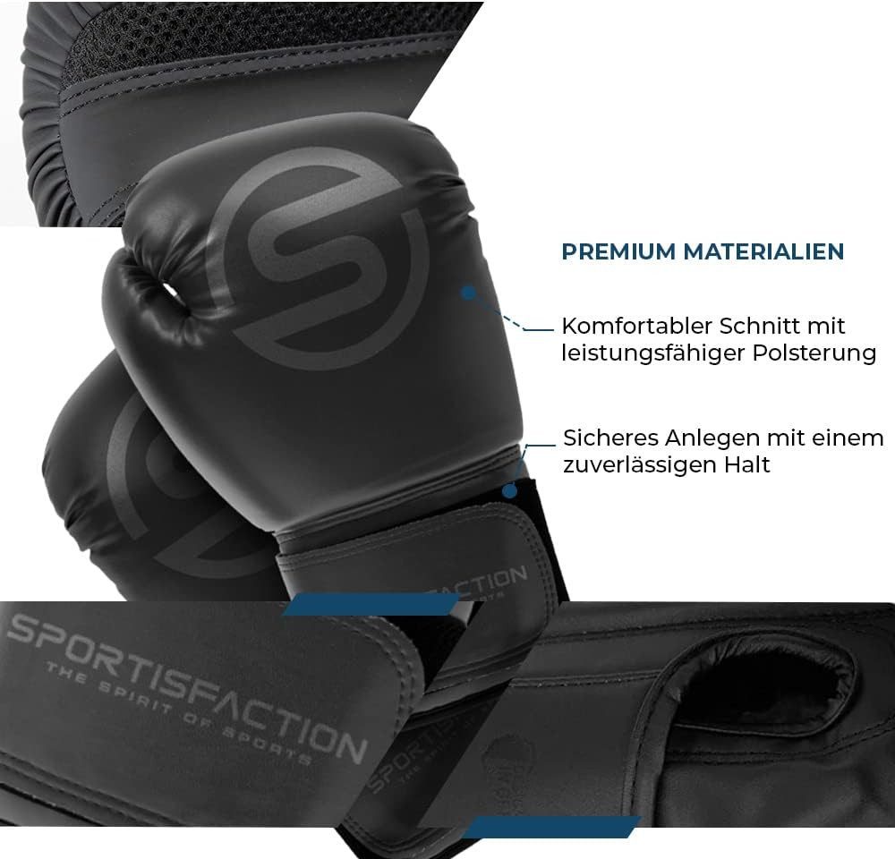Sportisfaction Boxhandschuhe Boxhandschuhe 12oz Set inkl. Bandagen & Springseil Schwarz PU-Leder, Allround-Größe für Sparring & Training 80-90kg Stabiler Halt – Bild 4 von 5