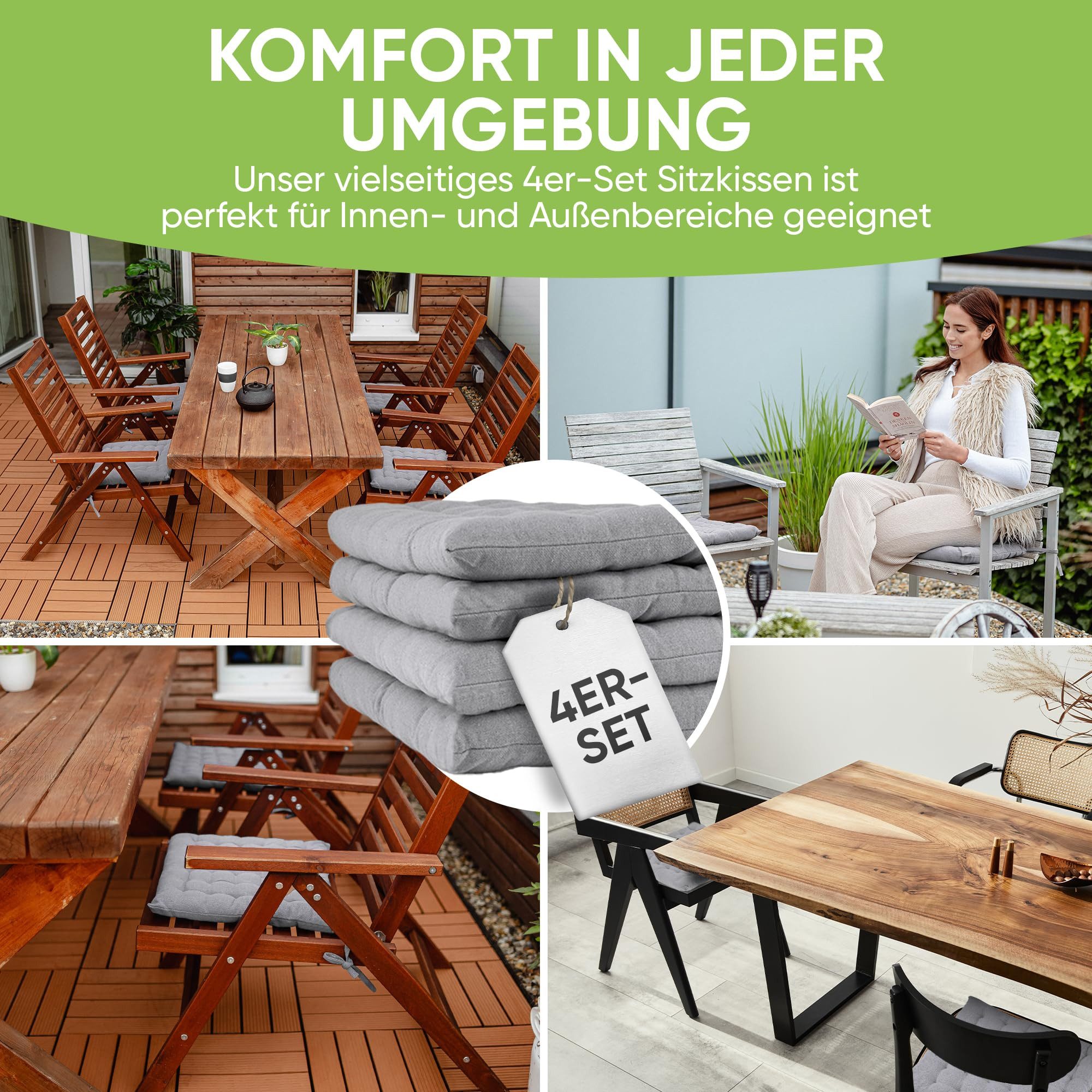 Gräfenstayn Stuhlkissen 4er-Set in 40x40cm und 5cm dicker Polsterung aus 100% Baumwolle, robustes Sitzkissen für Indoor & Outdoor, mit Haltebändern – Bild 4 von 5