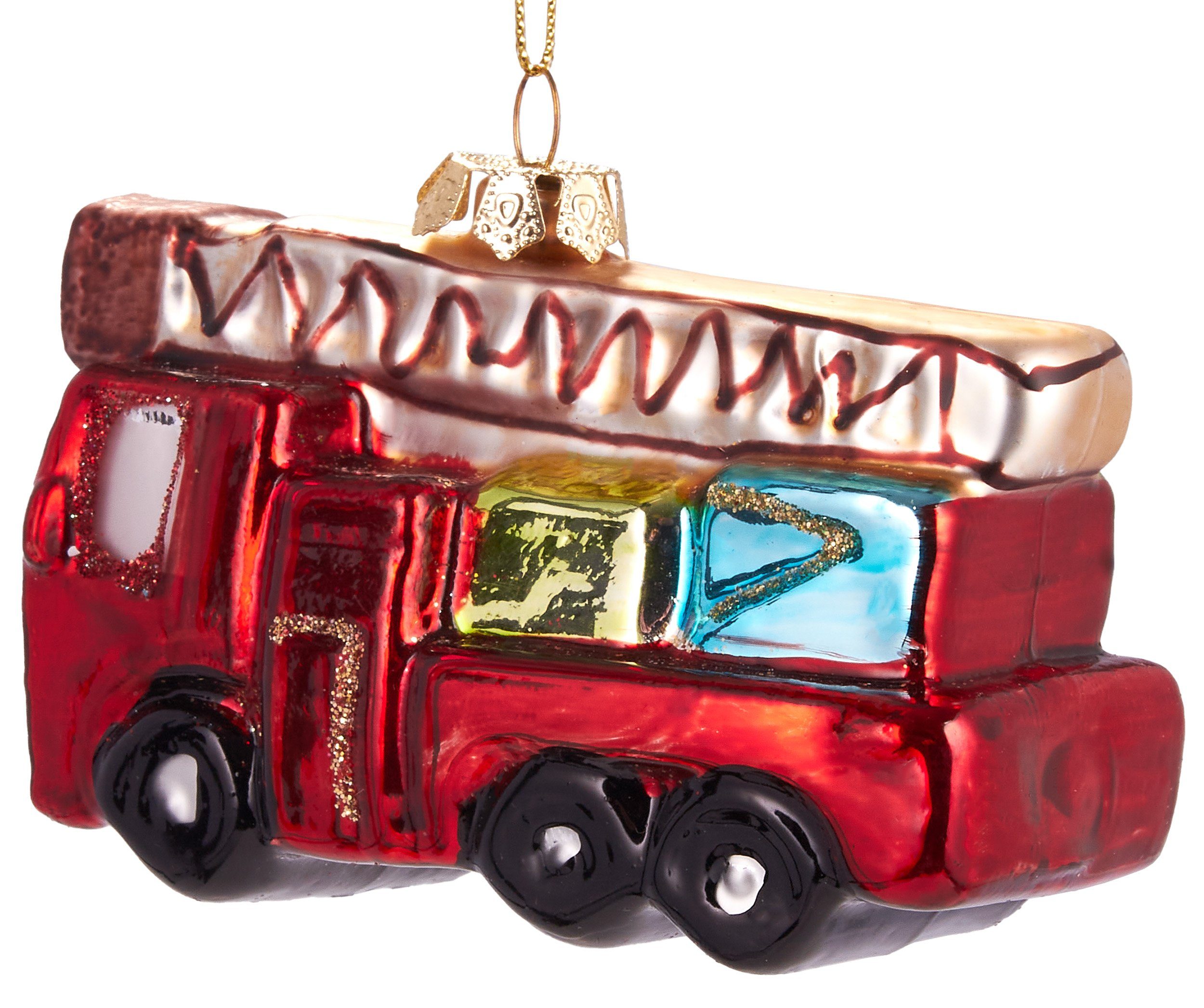 BRUBAKER Christbaumschmuck Handbemalte Weihnachtskugel Rotes mundgeblasenes cm Glas, - aus Unikat Feuerwehrauto, 10 Weihnachtsdekoration