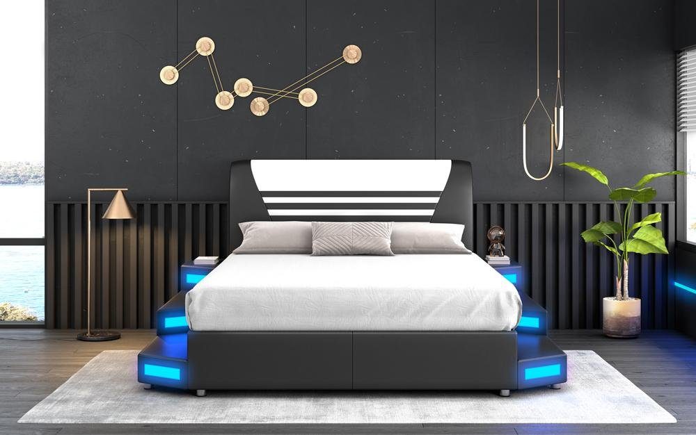 Luxus (Bett) Schwarz Led Lederbett 180x200 Schlafzimmer JVmoebel Beleuchtetes Möbel Bett Bett