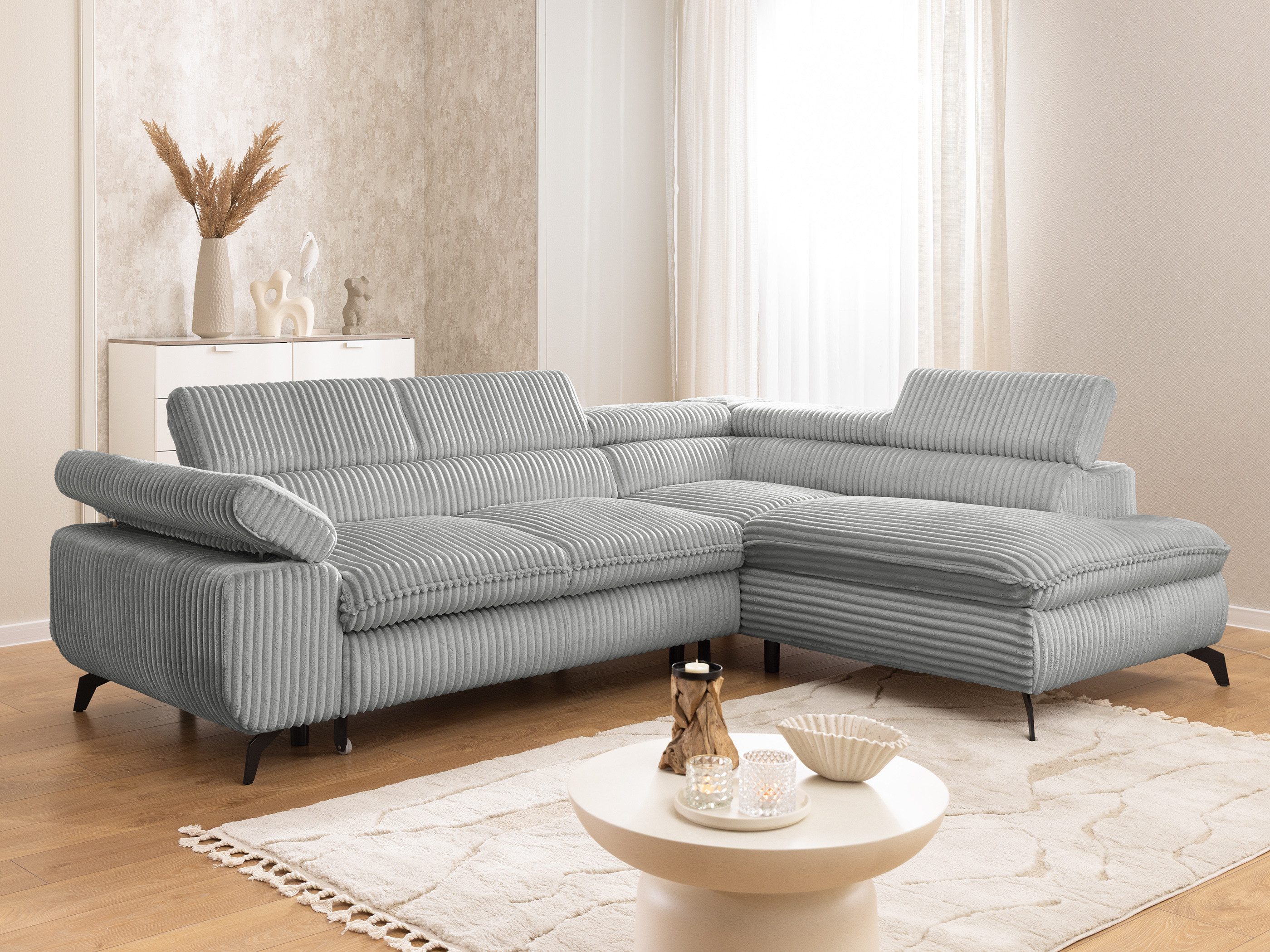 S-Style Möbel Ecksofa Bonnie mit Schlaffunktion Bettkasten und Kopfteilverstellung, mit Wellenfederung, Cord-Stoff