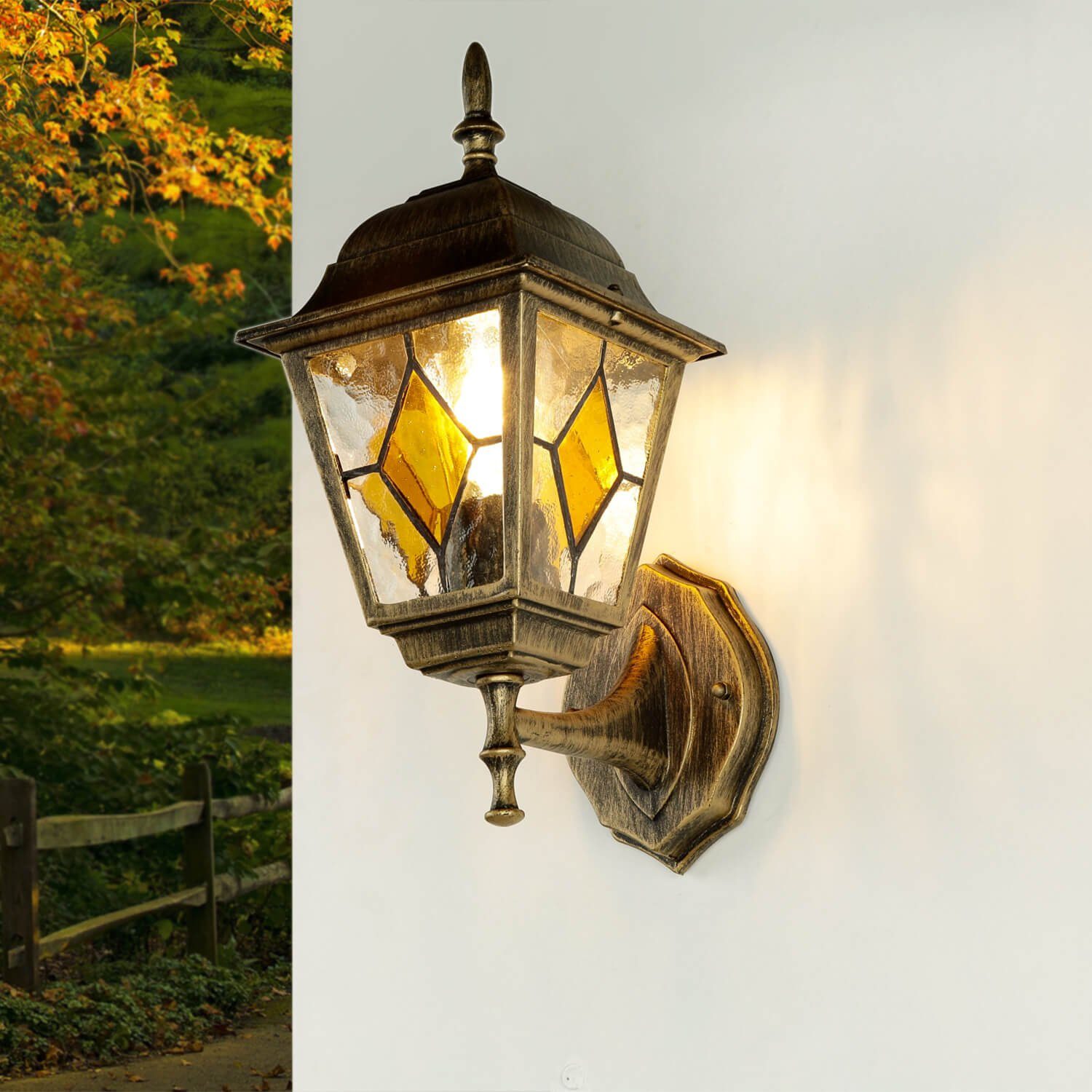 Licht-Erlebnisse Außen-Wandleuchte MONACO, ohne Leuchtmittel, AußenWandlampe antik Aluguss Buntglas wetterfest Lampe