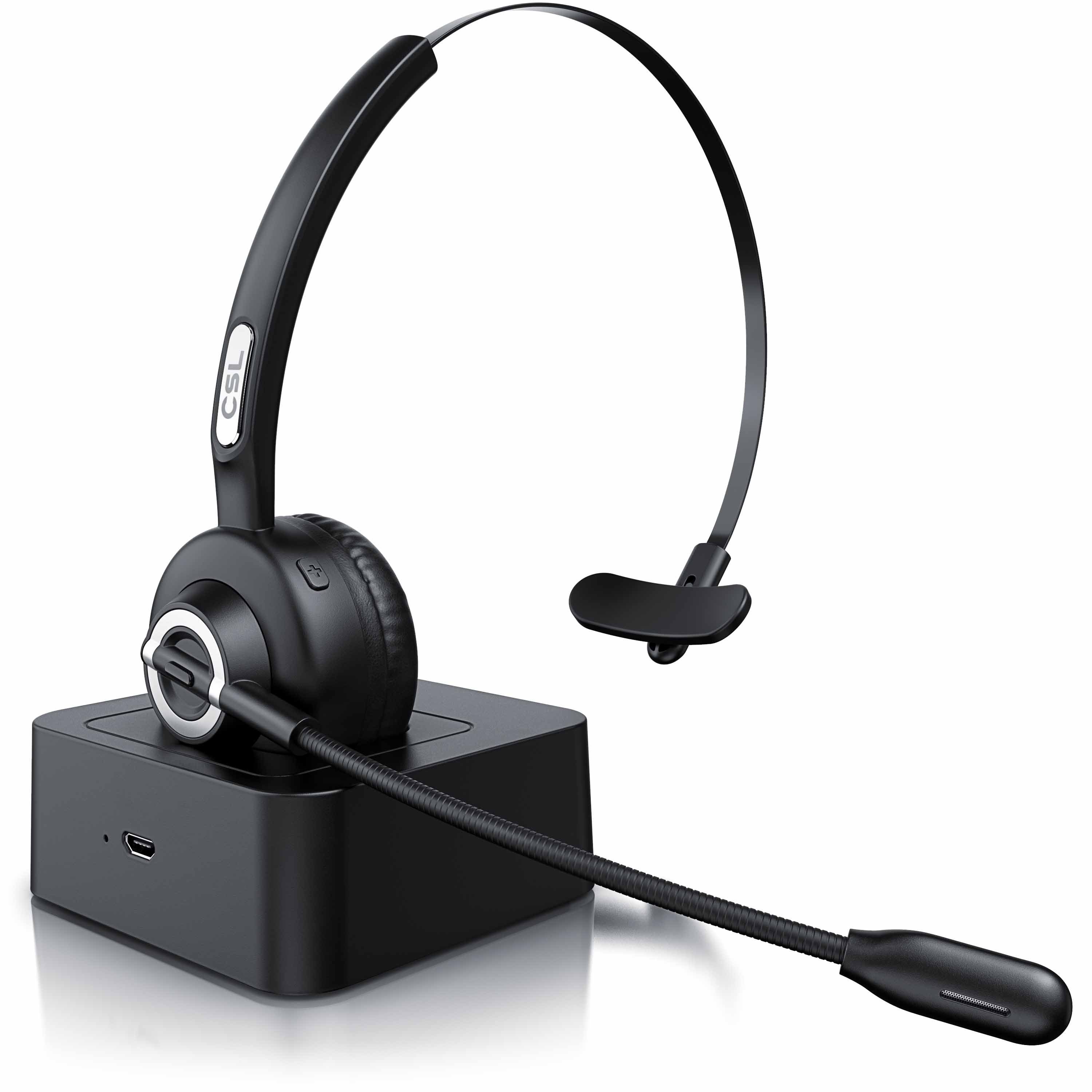 CSL Headset kabellos, inklusive Ladestation und Rauschunterdrückung Wireless-Headset (Rauschunterdrückung, Noise-Cancelling, Freisprechfunktion, True Wireless, Bluetooth, Mono Bluetooth Headset mit flexiblem Mikrofon und USB Ladeport)