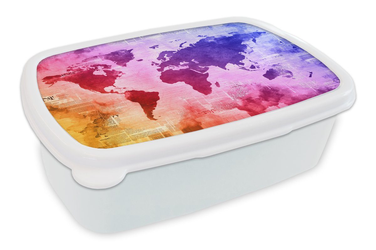 MuchoWow Lunchbox Weltkarte - Aquarell - Regenbogen, Kunststoff, (2-tlg), Brotbox für Kinder und Erwachsene, Brotdose, für Jungs und Mädchen weiß
