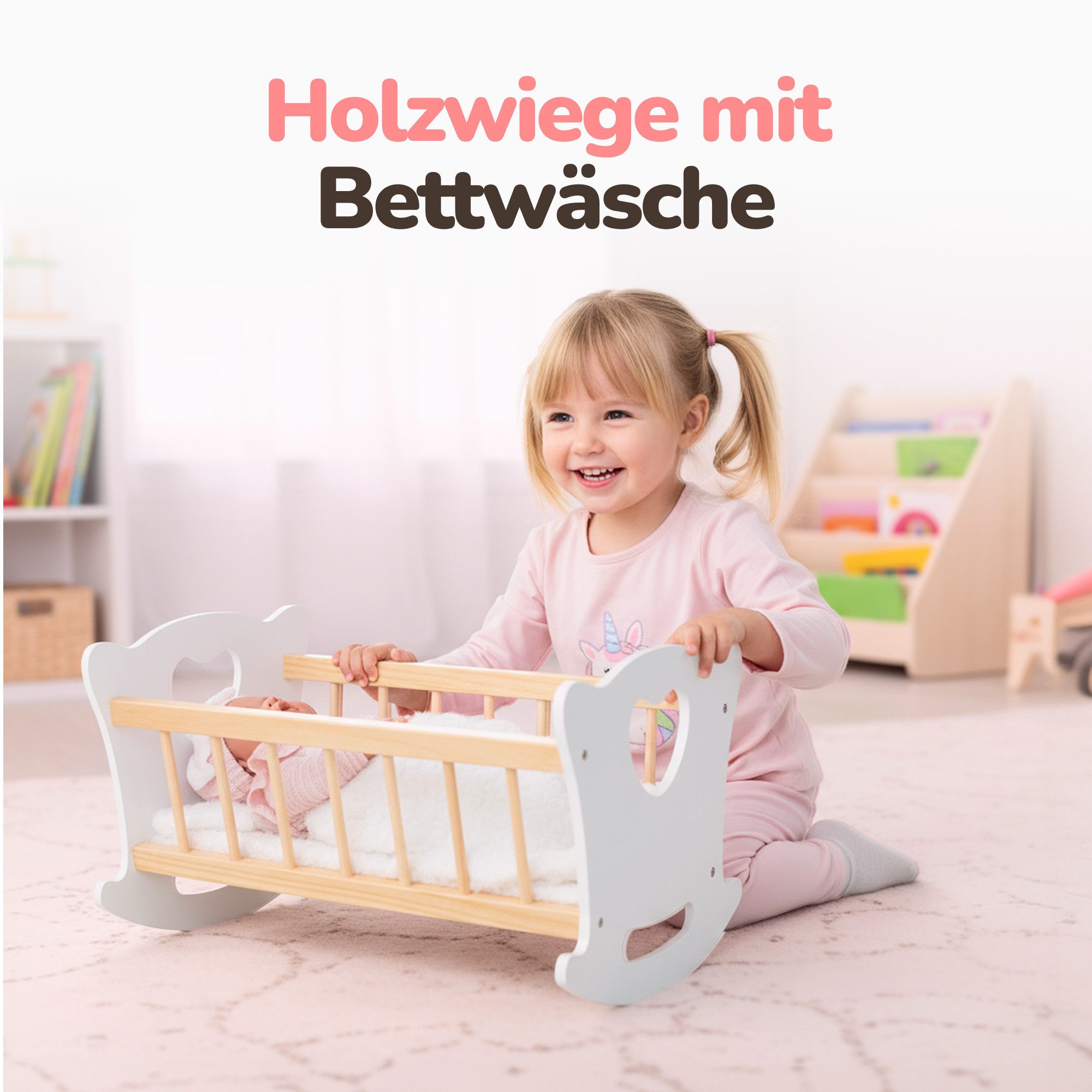 Kinderplay Dolls & Strollers Puppenwiege Holz Puppenwiege mit Bettwäsche – klassisch – für Kinder – Herzmotiv