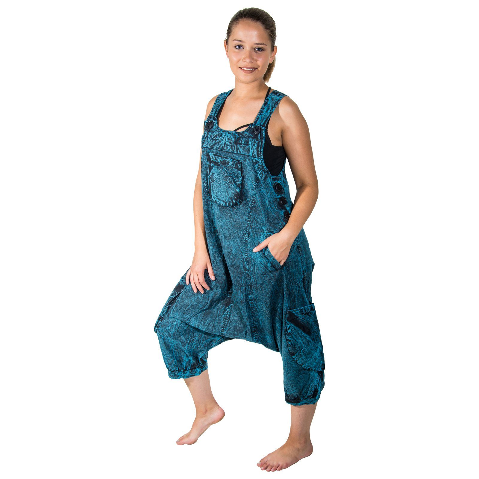 KUNST UND MAGIE Latzhose Overall Unisex Vintage Latzhose Ibiza stonewashed Haremshose Blau