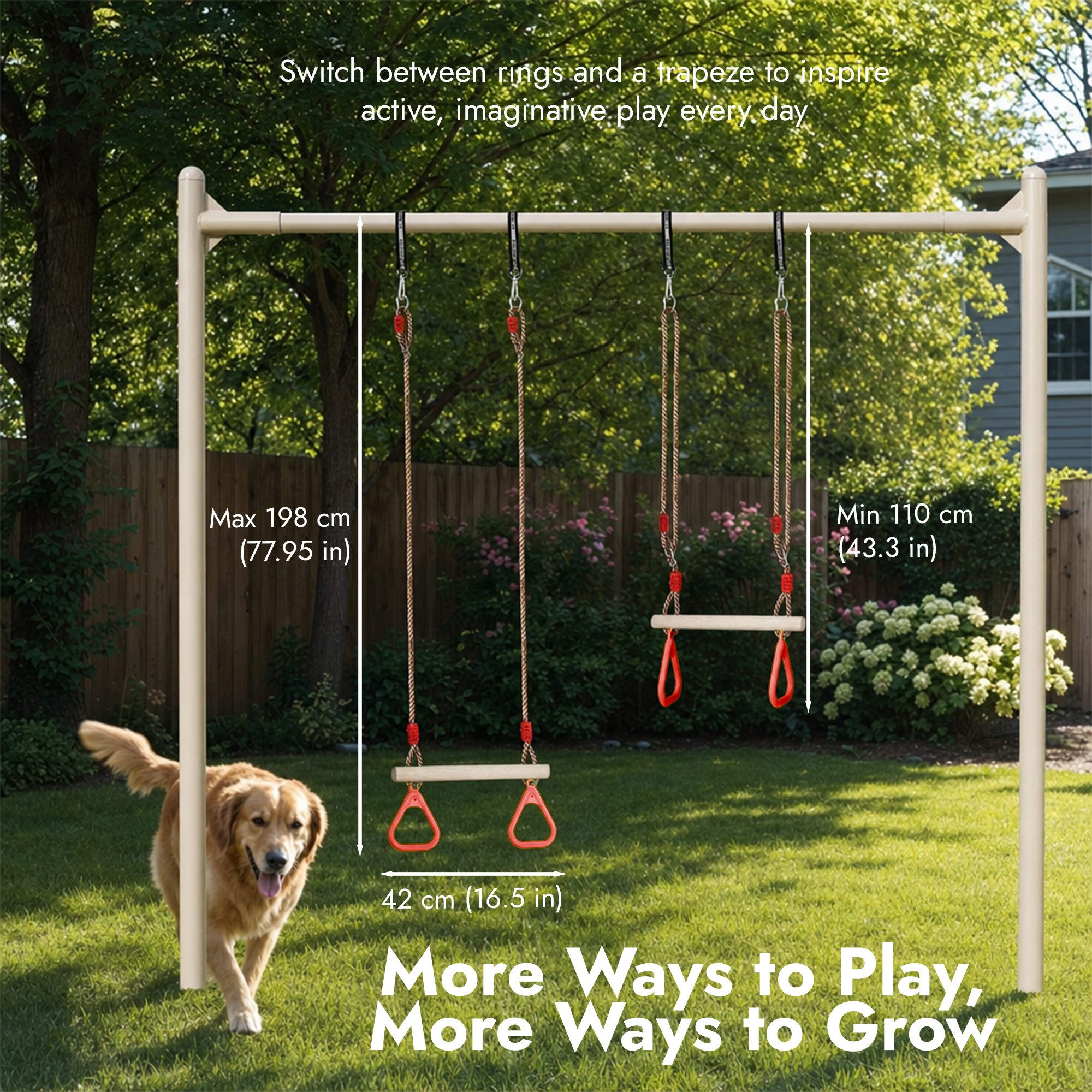 Goodevas Babyschaukelsitz Trapezstange mit Turnringen für Kinder – Holz-Schaukel, Höhenverstellbar 110–198 cm, für drinnen & draußen, einfache Montage – Bild 5 von 5