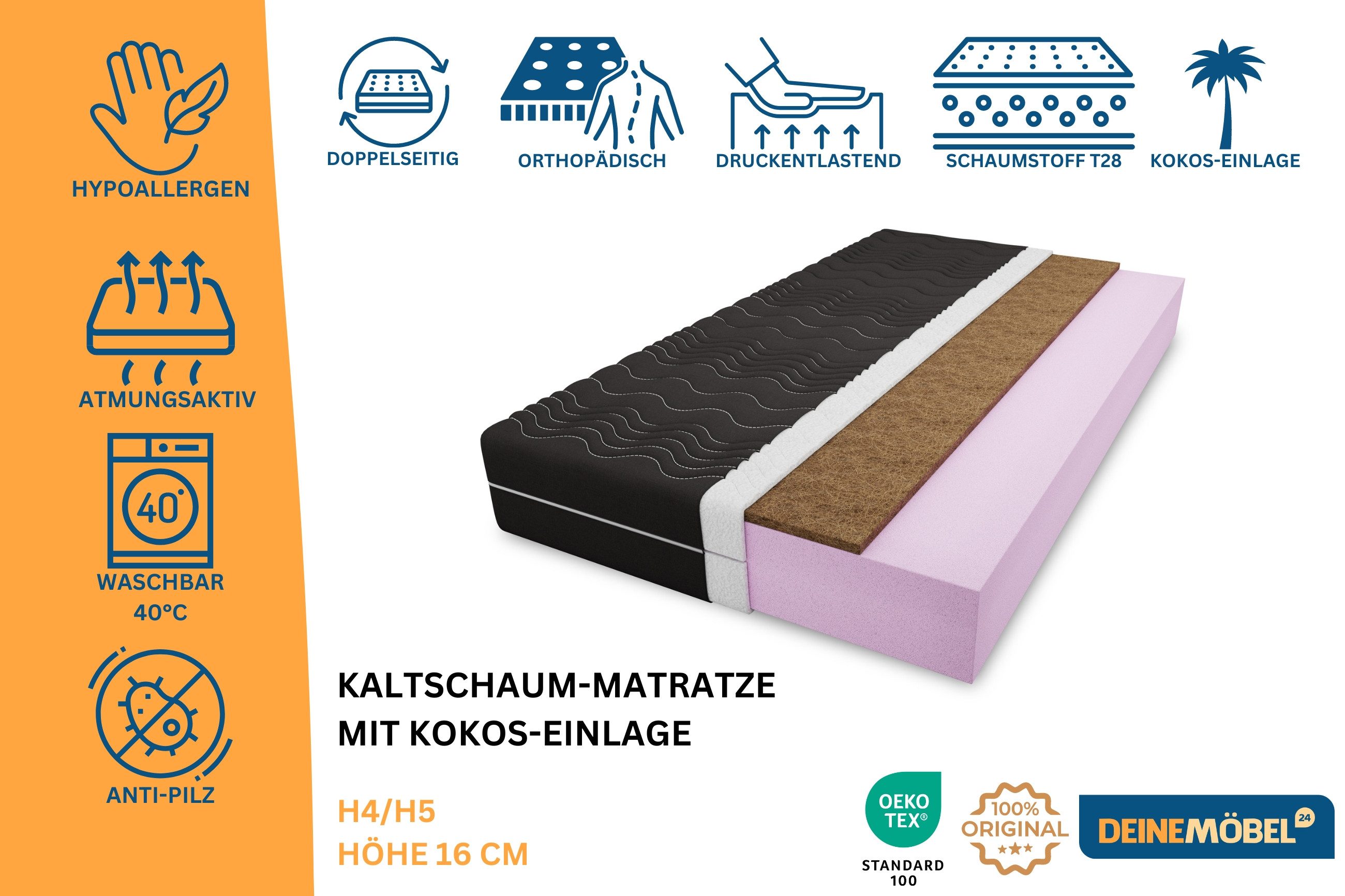 Kaltschaummatratze H4/H5 Kaltschaum-Matratze mit Kokos 16 günstig online kaufen