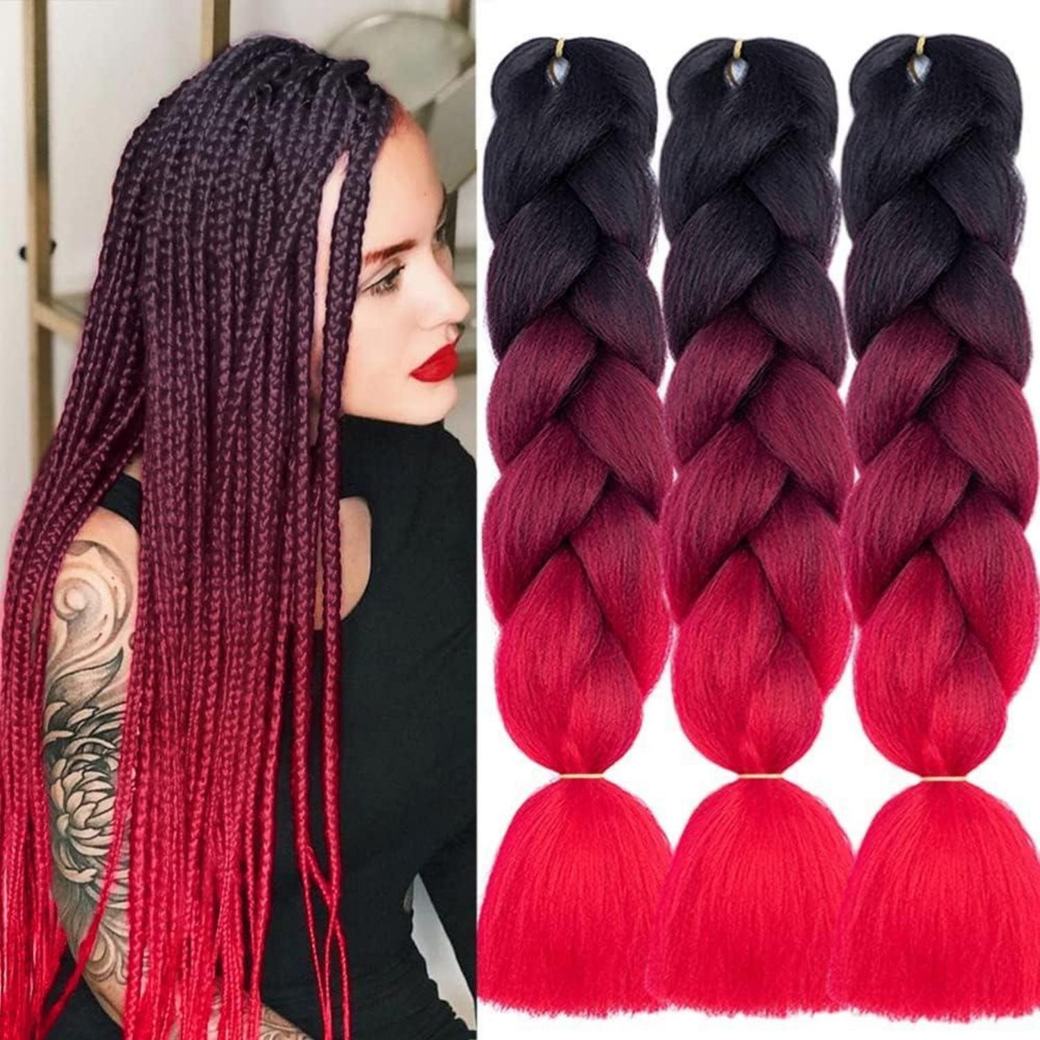 LuxusKollektion Kunsthaar-Extension Haarverlängerungen Ombre Jumbo 3er Pack 24 Zoll Schwarz Weinrot Rot