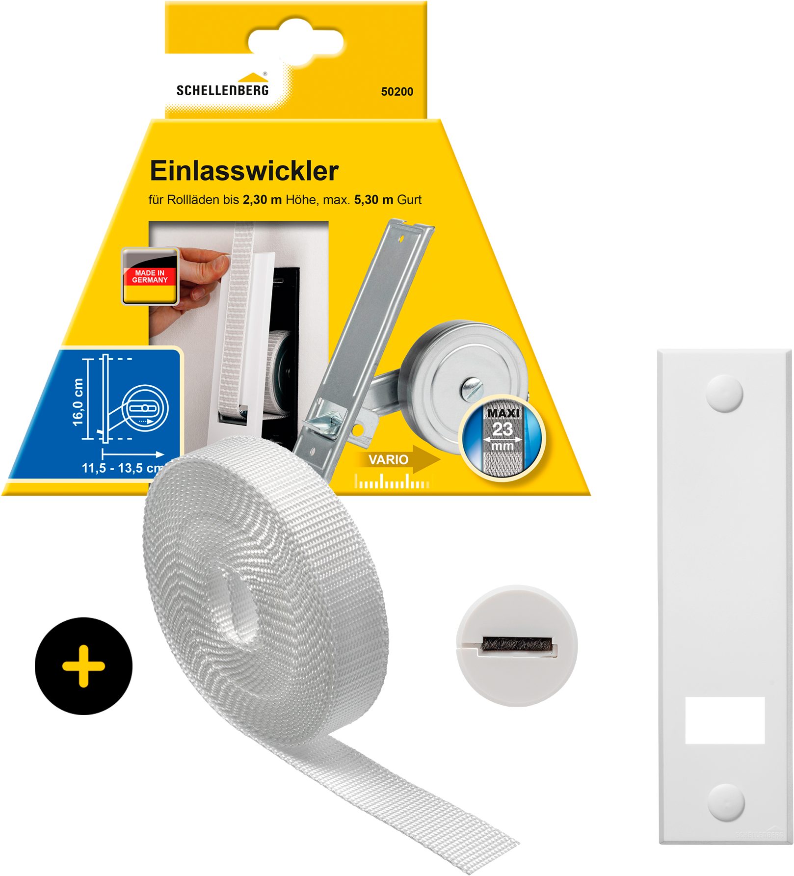 Einlass-Gurtwickler inkl. Abdeckplatte, Gurtführung, Rollladengurt grau oder weiß