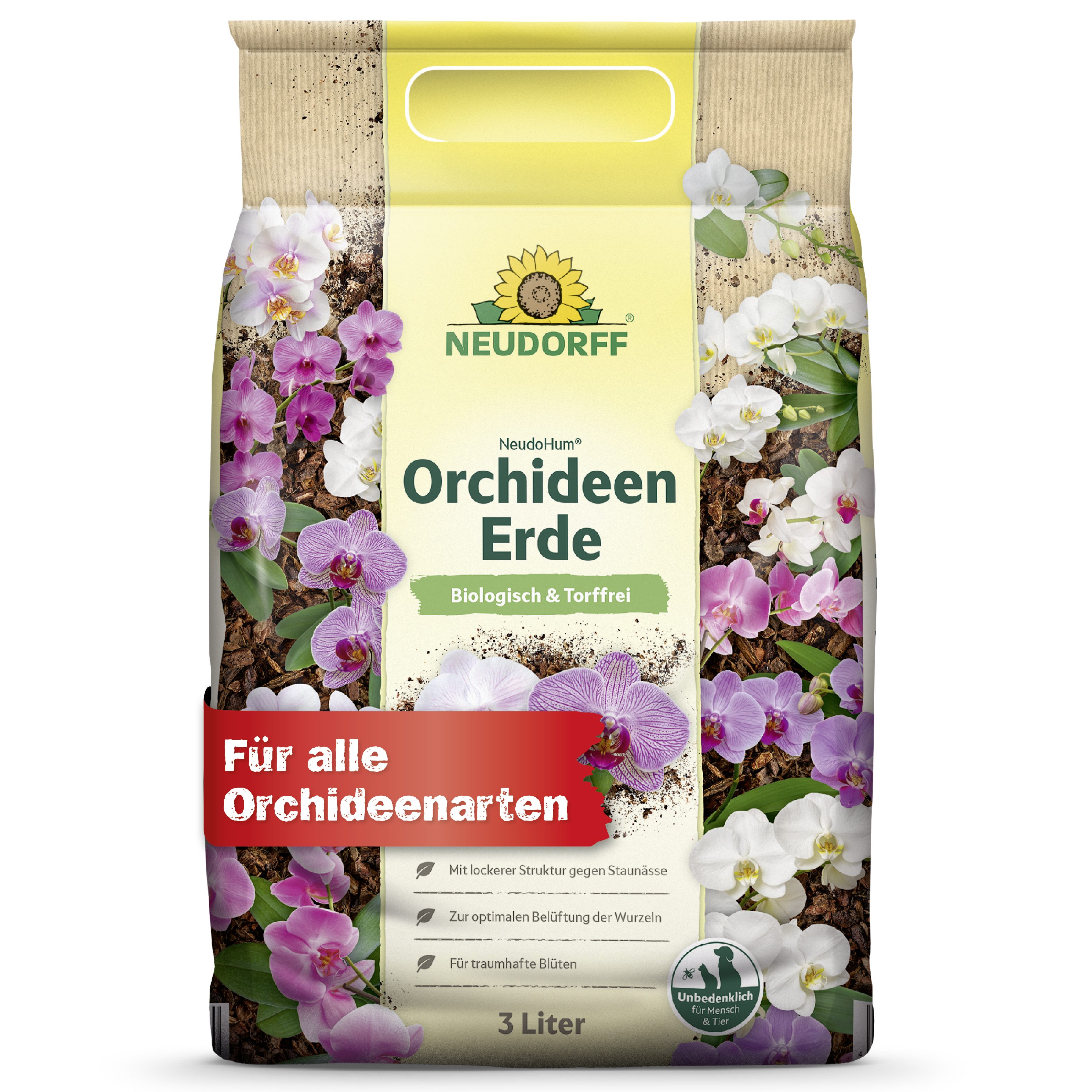 Neudorff Spezialerde NeudoHum OrchideenErde 3 Liter, mit Organische Grunddüngung, (Einzelartikel, Für traumhafte Blüten), Lockere Struktur für optimale Belüftung und gegen Staunässe
