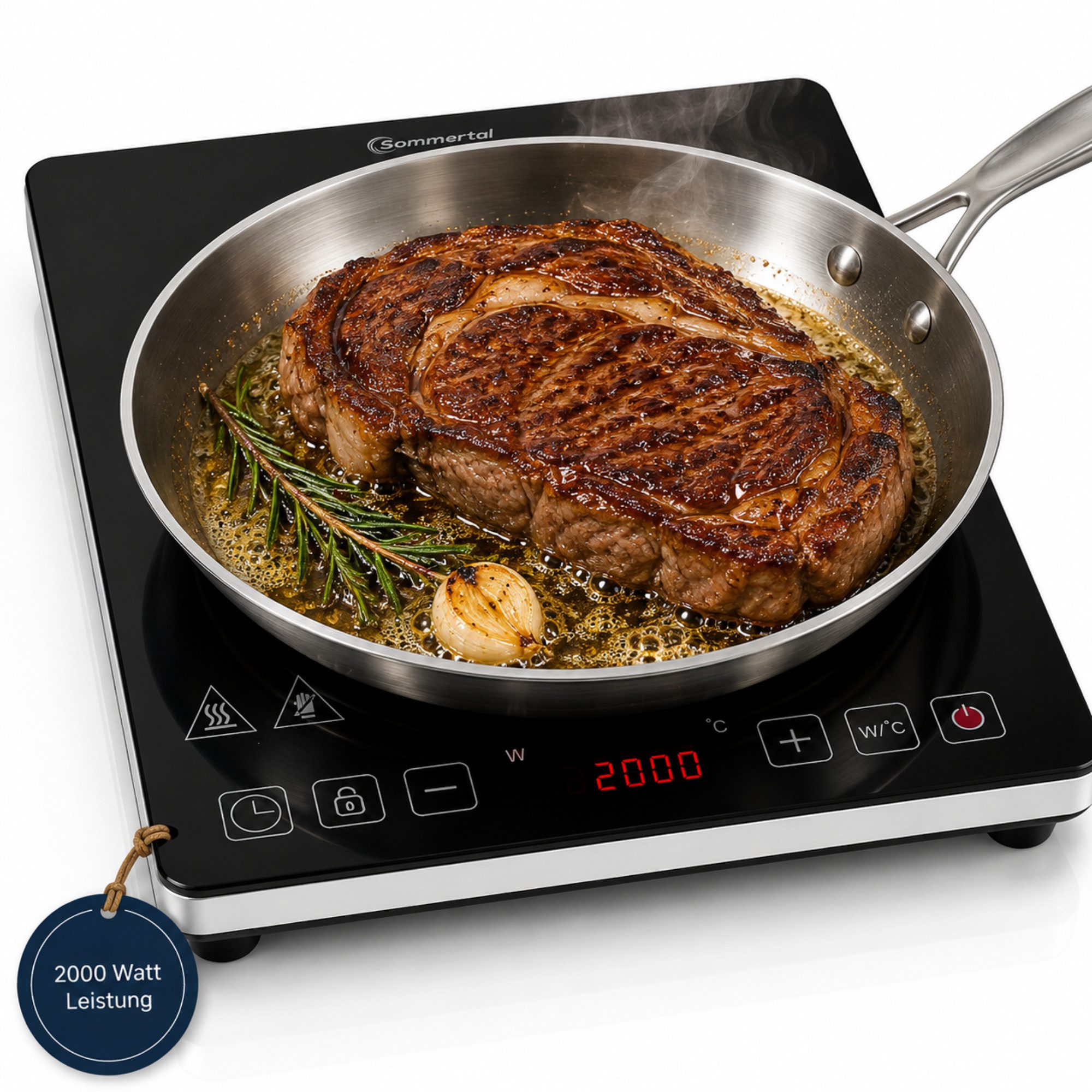 Sommertal Einzel-Induktionskochplatte Sommertal Induktionskochfeld 1 Platte 2000W Tragbar Super-Slim Design, mit 4h Timer, Touch, Kindersicherung, Profi Induktionskochplatte