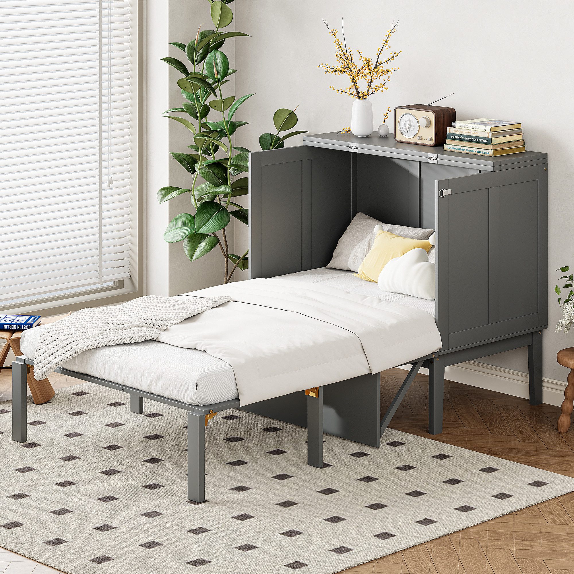 Bettgestell 90x200 Schrankbett mit Lattenrost,Jugendbett Kinderbett ohne Matratze