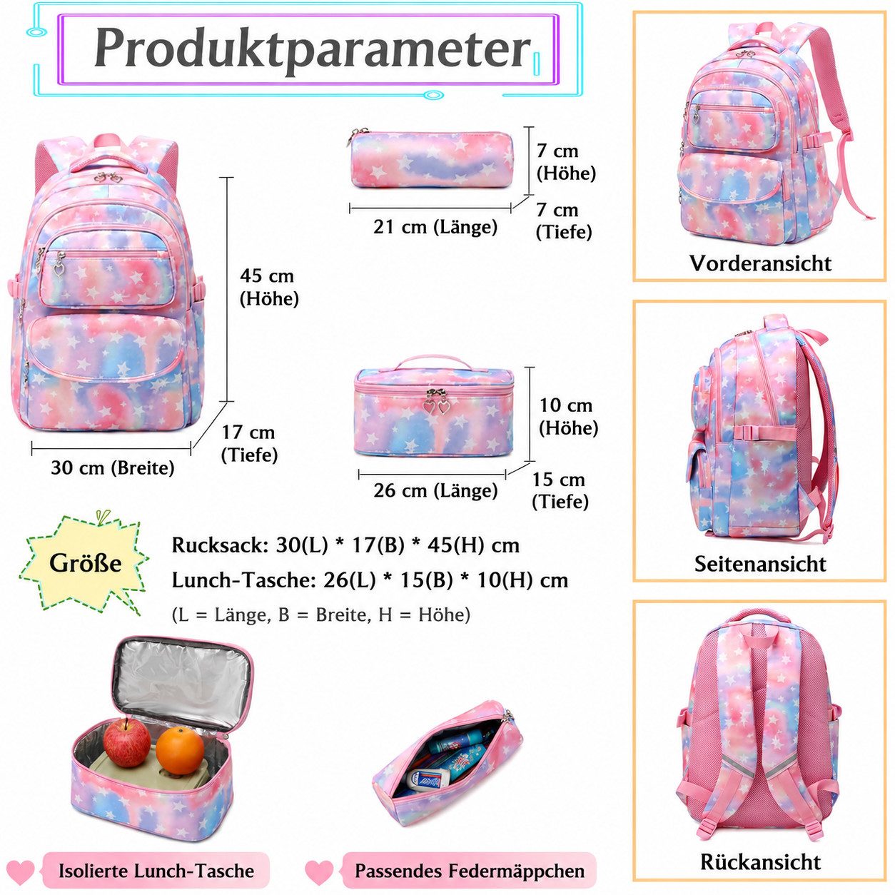 MOPUEA Schulrucksack 3 Stück Schulrucksack-Set Schultasche Teenager Turnbeutel (Langlebiges Material & pflegeleicht, 3-tlg., 3-teiliges Set – praktisch & vielseitig), Atmungsaktiv & durchdacht organisiert