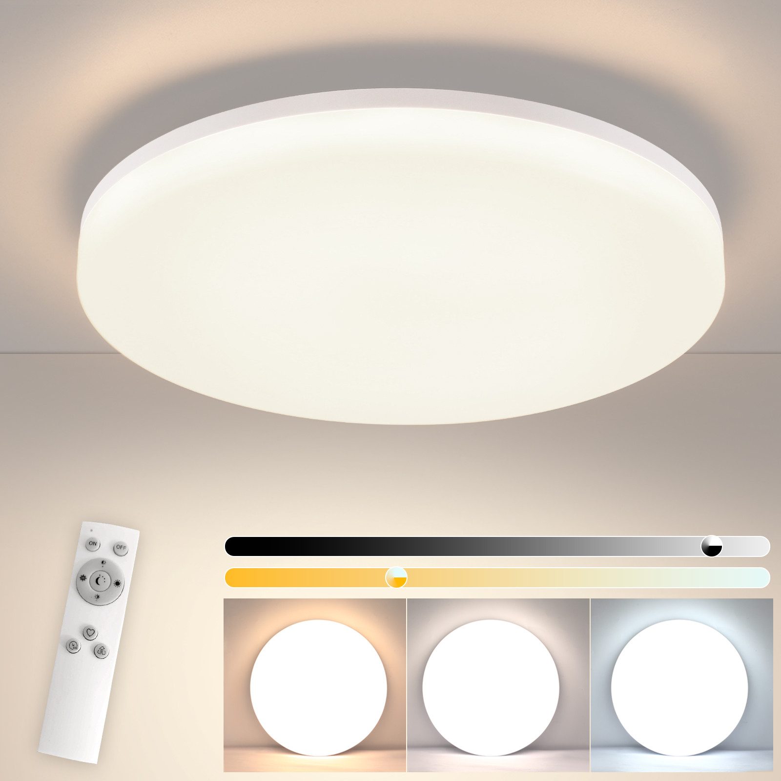 ZMH LED Deckenleuchte Dimmbar RGB Schlafzimmerlampe Rund mit Fernbedienung Whonzimmer, Augenschutz, LED fest integriert, 3000-6500k, Ø22CM, Flach - Küchenlampe, für Küche Flur, Wasserdicht