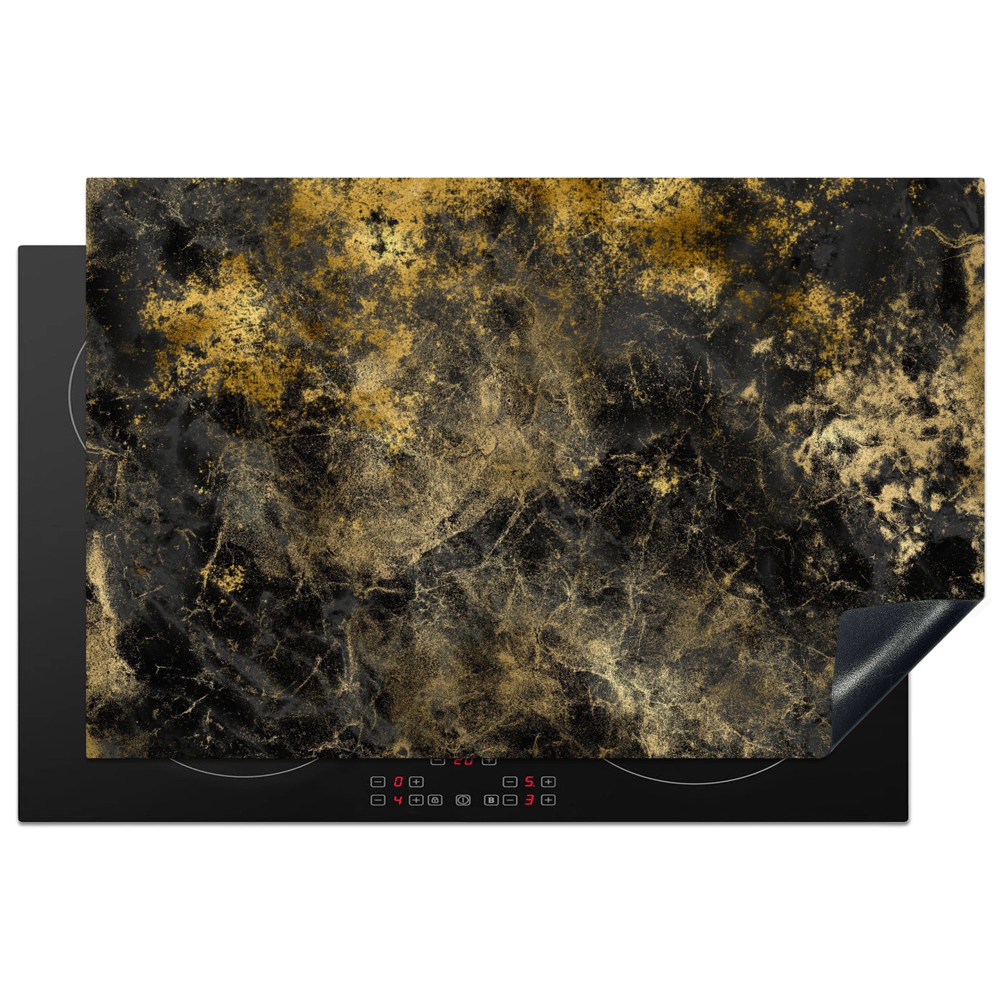 MuchoWow Herdblende-/Abdeckplatte Gold - Schwarz - Abstrakt, Vinyl, (1 tlg), 81x52 cm, Induktionskochfeld Schutz für die küche, Ceranfeldabdeckung