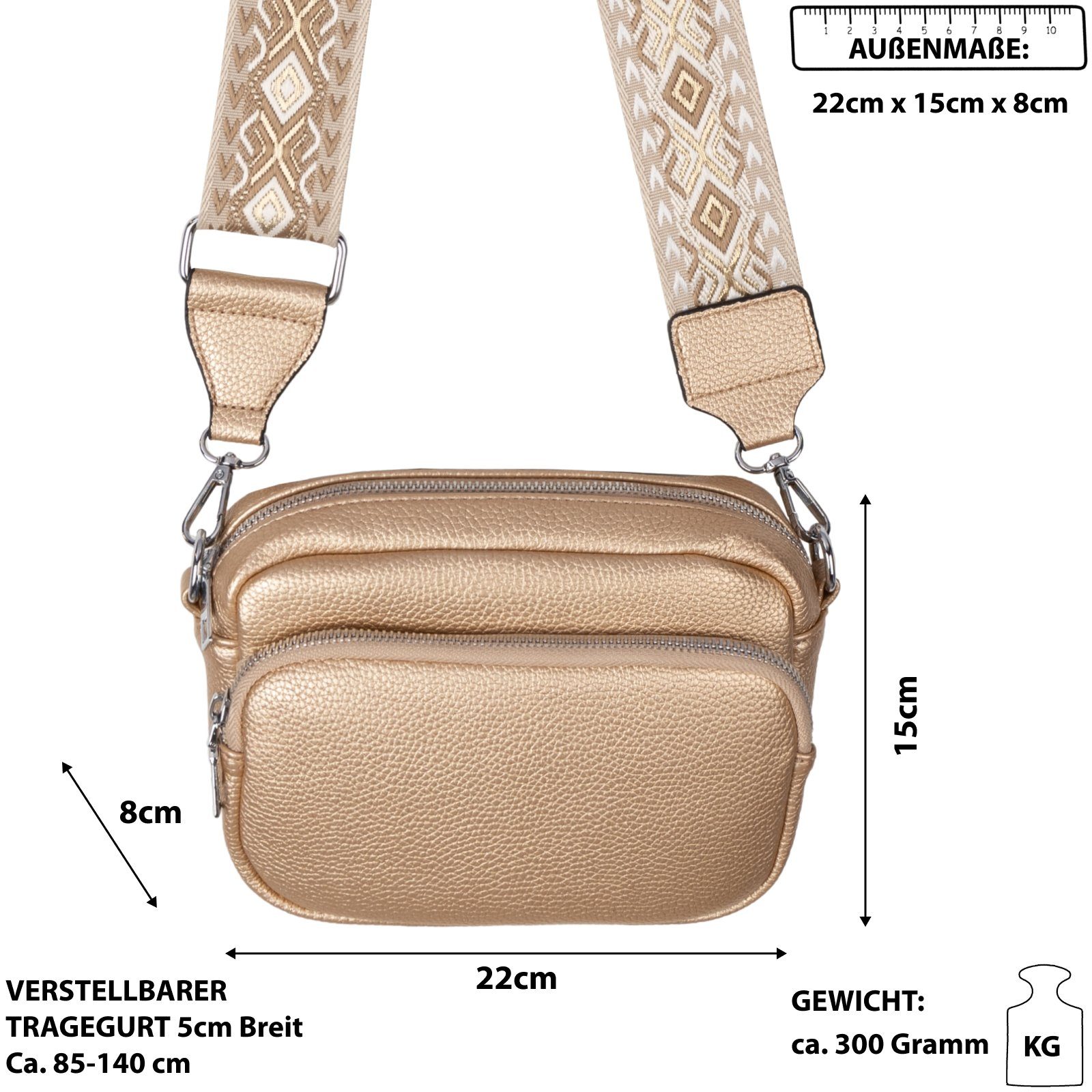 Umhängetasche Gürteltasche als Bauchtasche GOLD Schultertasche, Italy-D, CrossOver, Umhängetasche tragbar Hüfttasche Crossbody-Bag Kunstleder EAAKIE