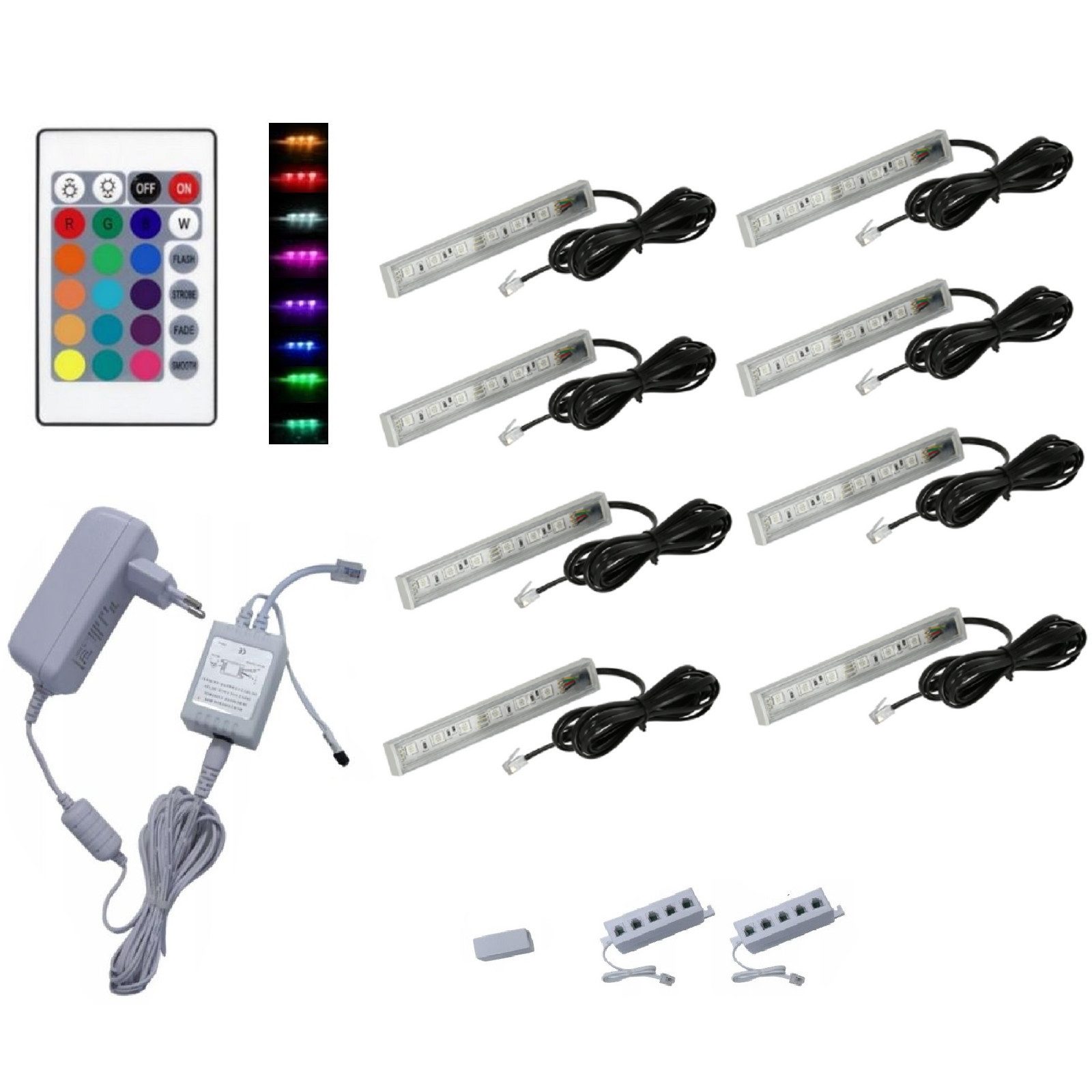 QLS LED Unterbauleuchte RGB 12V 2-8 Stück Weiß, LED fest integriert, Glasbodenbeleuchtung Lichtleiste Fernbedienung 16 Farben Dimmbar