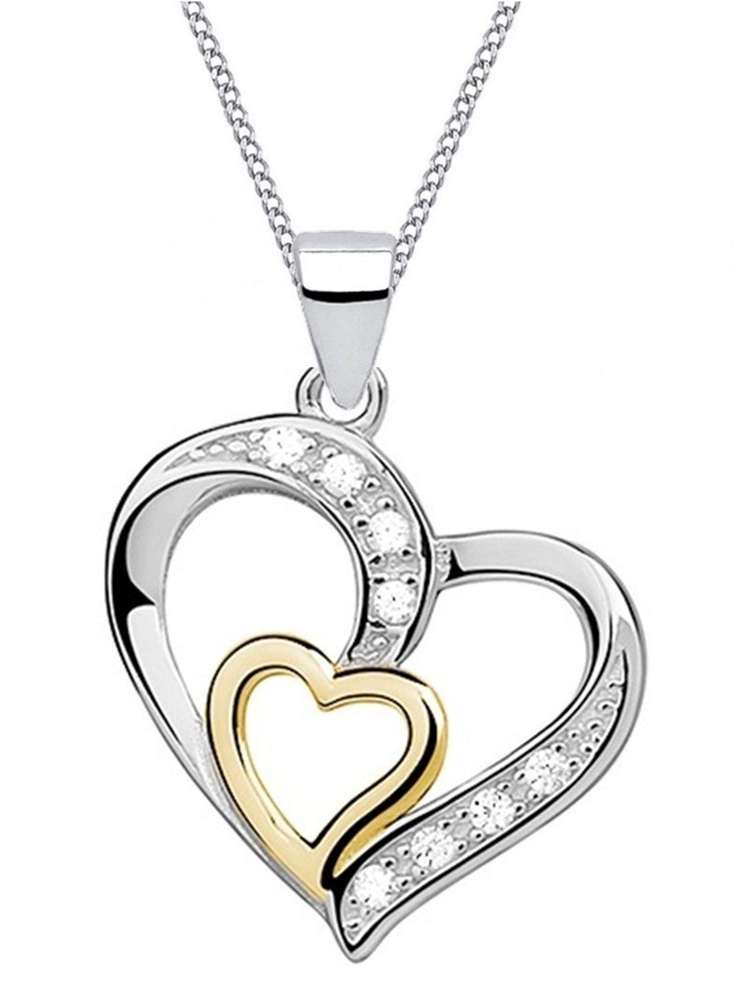Goldene Hufeisen Herzkette Doppelherz Anhänger mit Kette 925 Silber Rhodiniert Damen Halskette (2-tlg, inkl. Etui), Rhodiniert