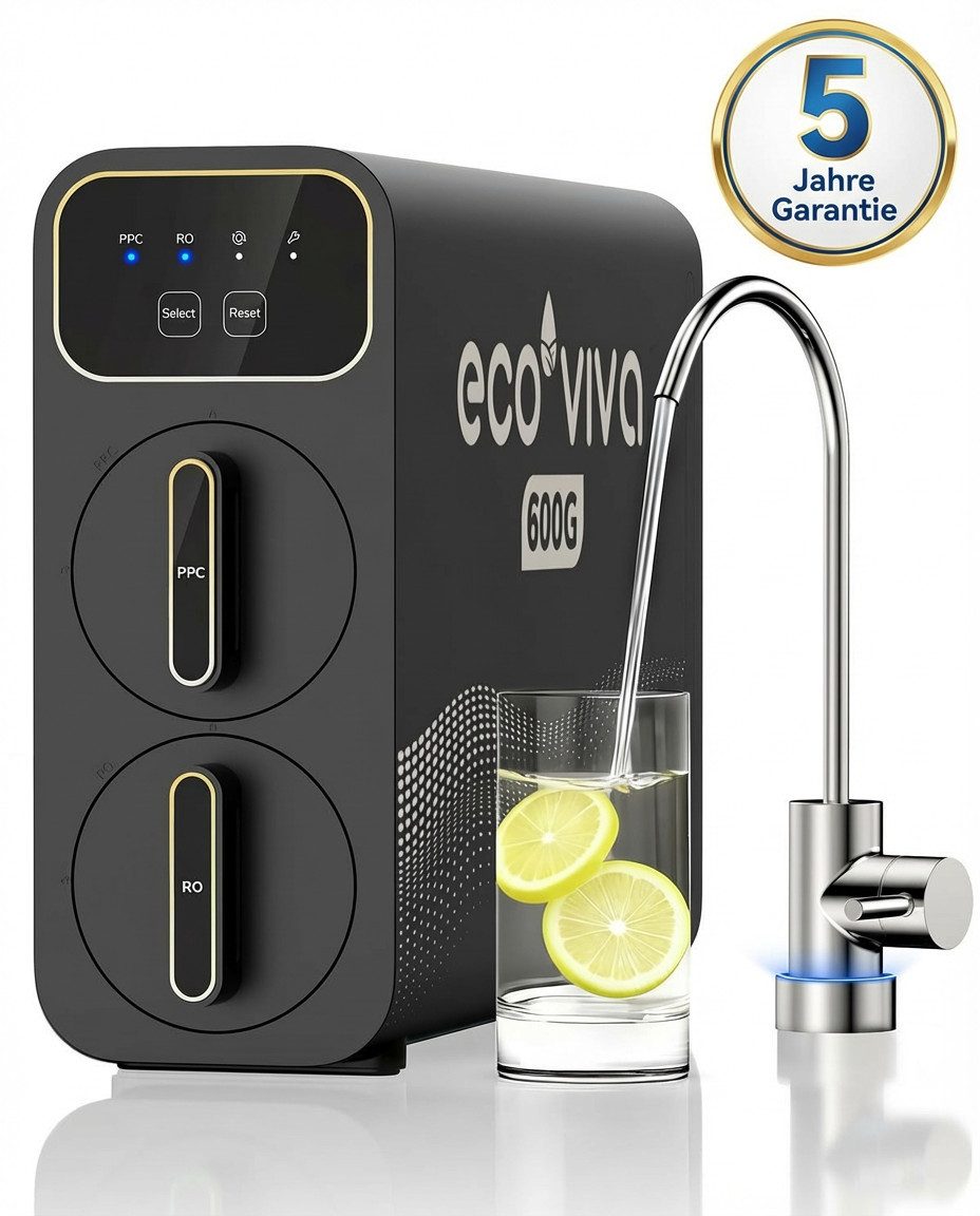 Ecoviva Wasserfilter E6 Osmoseanlage Trinkwasser mit Intelligentem Wasserhahn, 9-stufiges Umkehrosmoseanlage, 2,5:1 Rein zum Abfluss, Reduziert TDS
