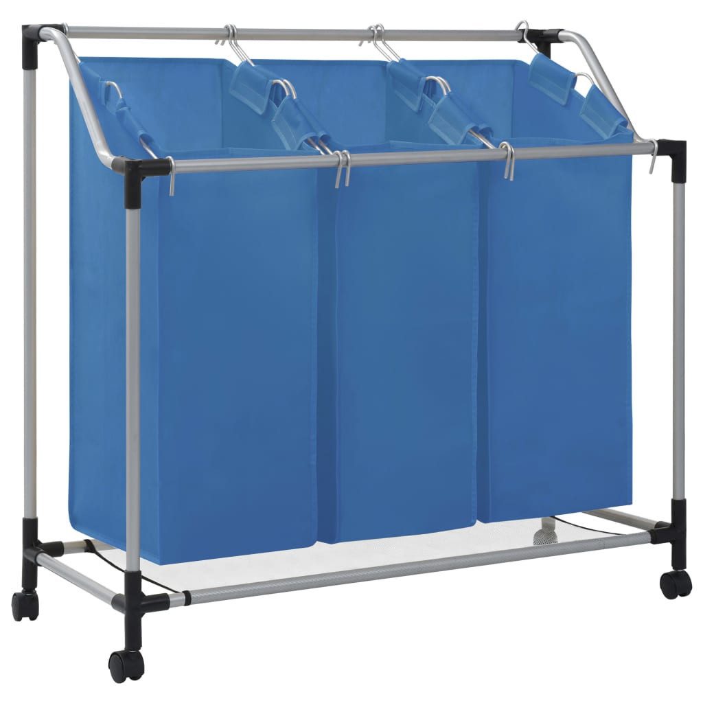 Wäschekorb Wäschesortierer mit 3 Taschen Blau Stahl