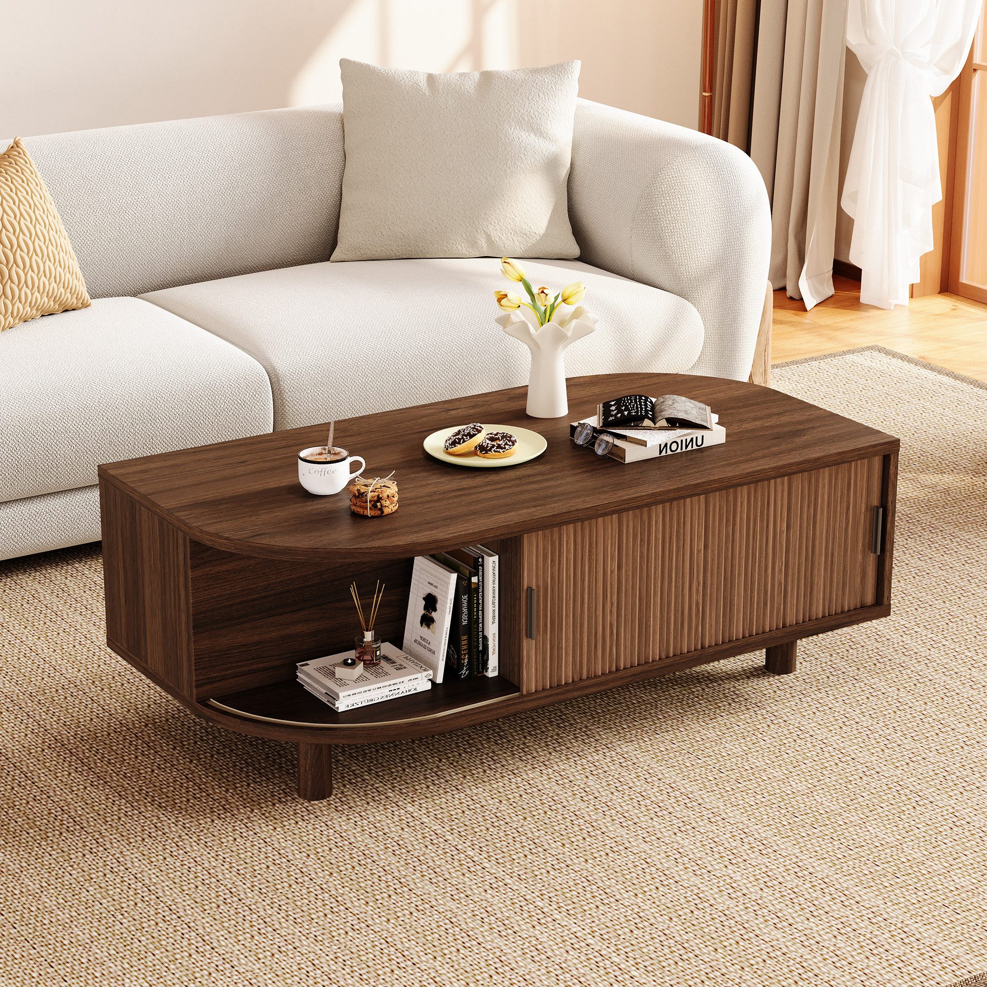 Merax Couchtisch mit 2 Rolltüren, 4 Holzbeinen, Stauraum & abgerundeten Ecken (100x50x35cm, 1-St), Wohnzimmertisch mit vertikaler …