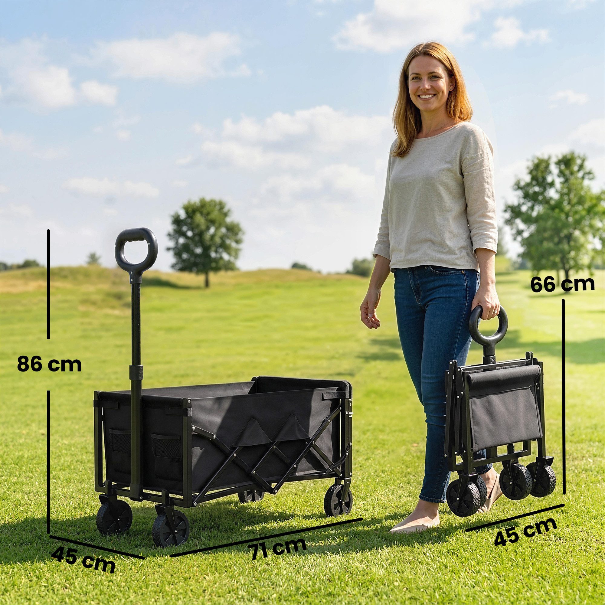 Outsunny Fahrradlastenanhänger mit Teleskop Griff Heckklappe Getränkehalter, für Sport, Einkauf, Camping, Schwarz