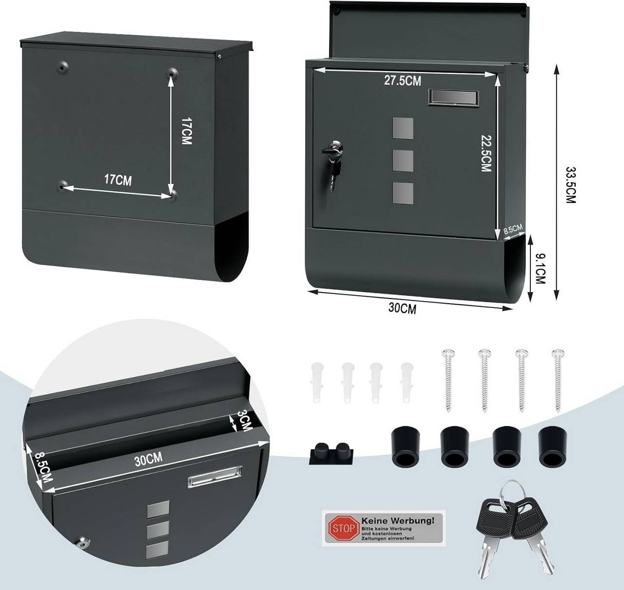 Woltu Wandbriefkasten (1-St), Postkasten mit 2 Schlüsseln, abschließbar, Sichtfenster