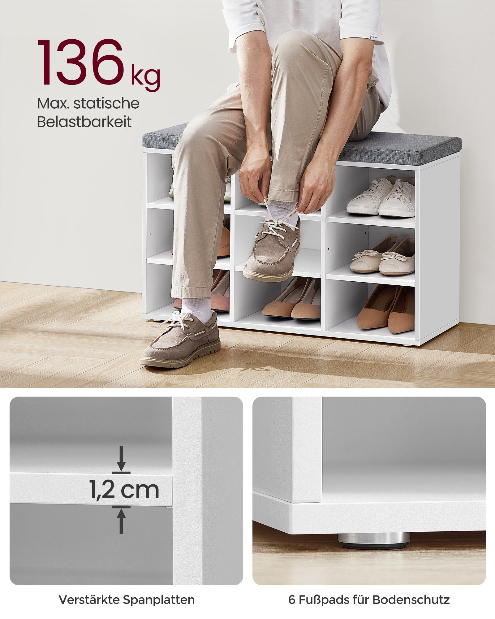 VASAGLE Schuhbank, Schuhregal, mit 9 Fächern, 78,5 x 30,3 x 48 cm