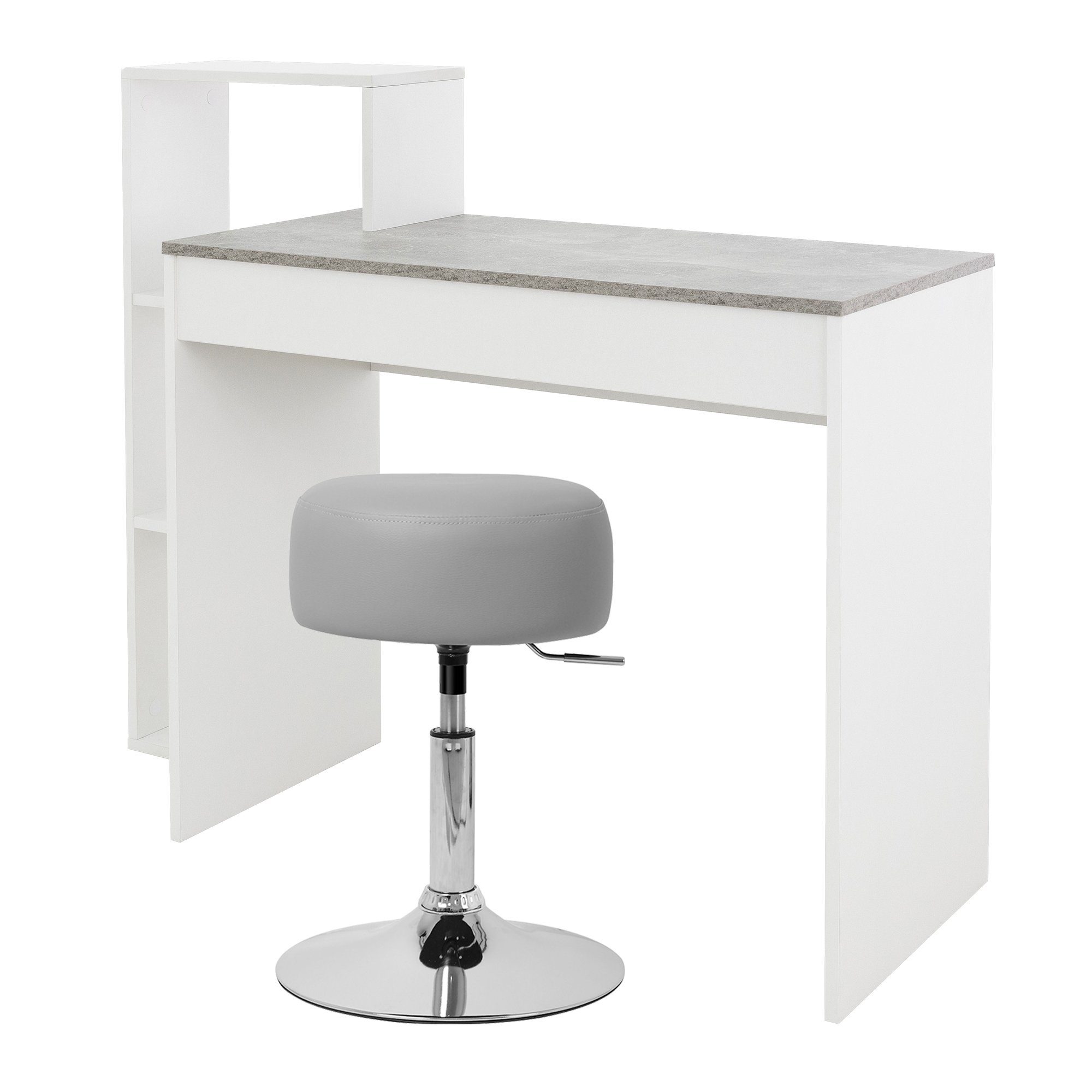 ML-DESIGN Schreibtisch Schreibtisch mit Sitzhocker 110x72x40 cm Weiß/Beton-Optik, Weiß/Beton 110x72cm 3 Einlegeböden Hocker Hellgrau 33cm verstellbar