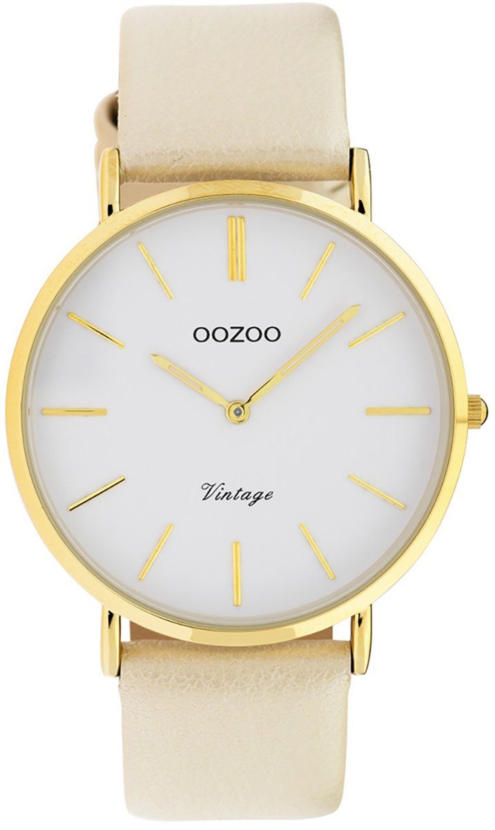 OOZOO Quarzuhr Oozoo Damen Armbanduhr creme, (Analoguhr), Damenuhr rund, groß (ca. 40mm) Lederarmband, Fashion-Style