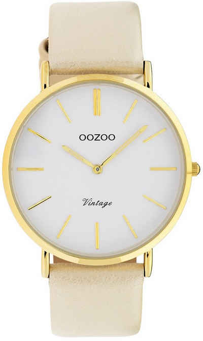 OOZOO Quarzuhr Oozoo Damen Armbanduhr creme, Damenuhr rund, groß (ca. 40mm) Lederarmband, Fashion-Style