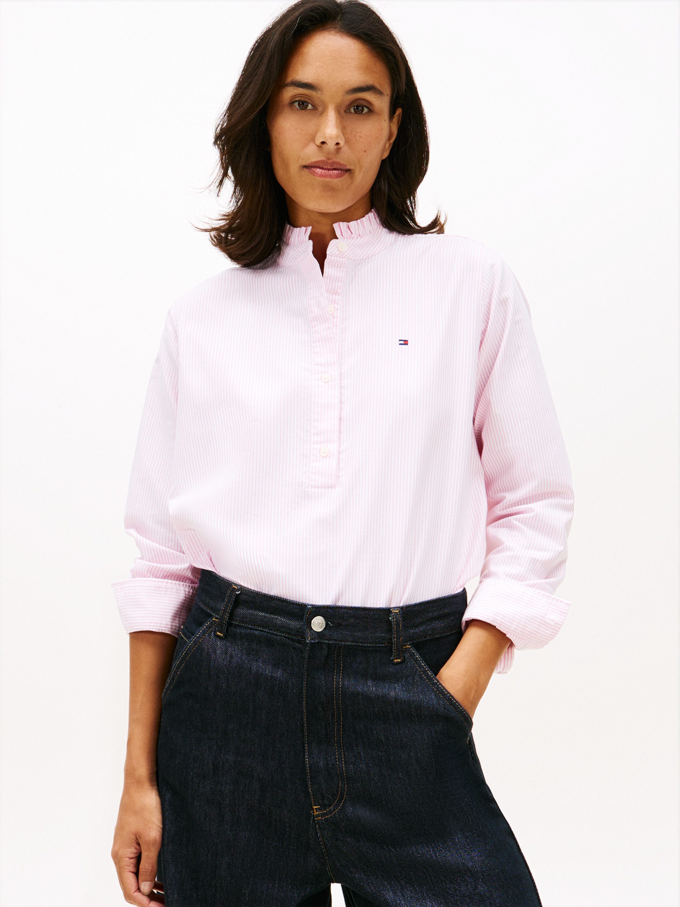 Tommy Hilfiger Langarmbluse OXFORD RUFFLE NECK SHIRT mit Rüschen Detail