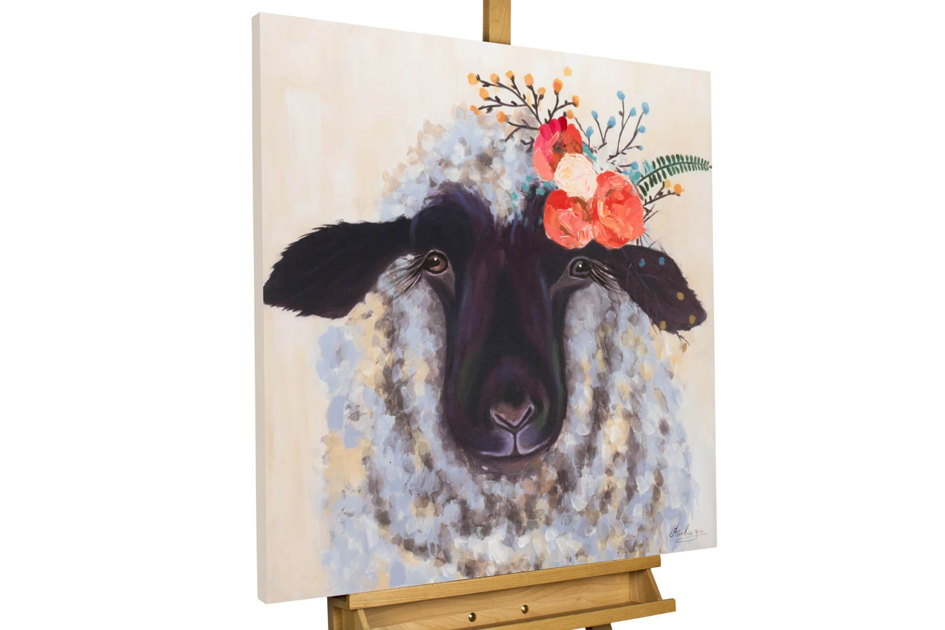 KUNSTLOFT Gemälde Content Ewe 80x80 cm, Leinwandbild 100% HANDGEMALT Wandbild Wohnzimmer