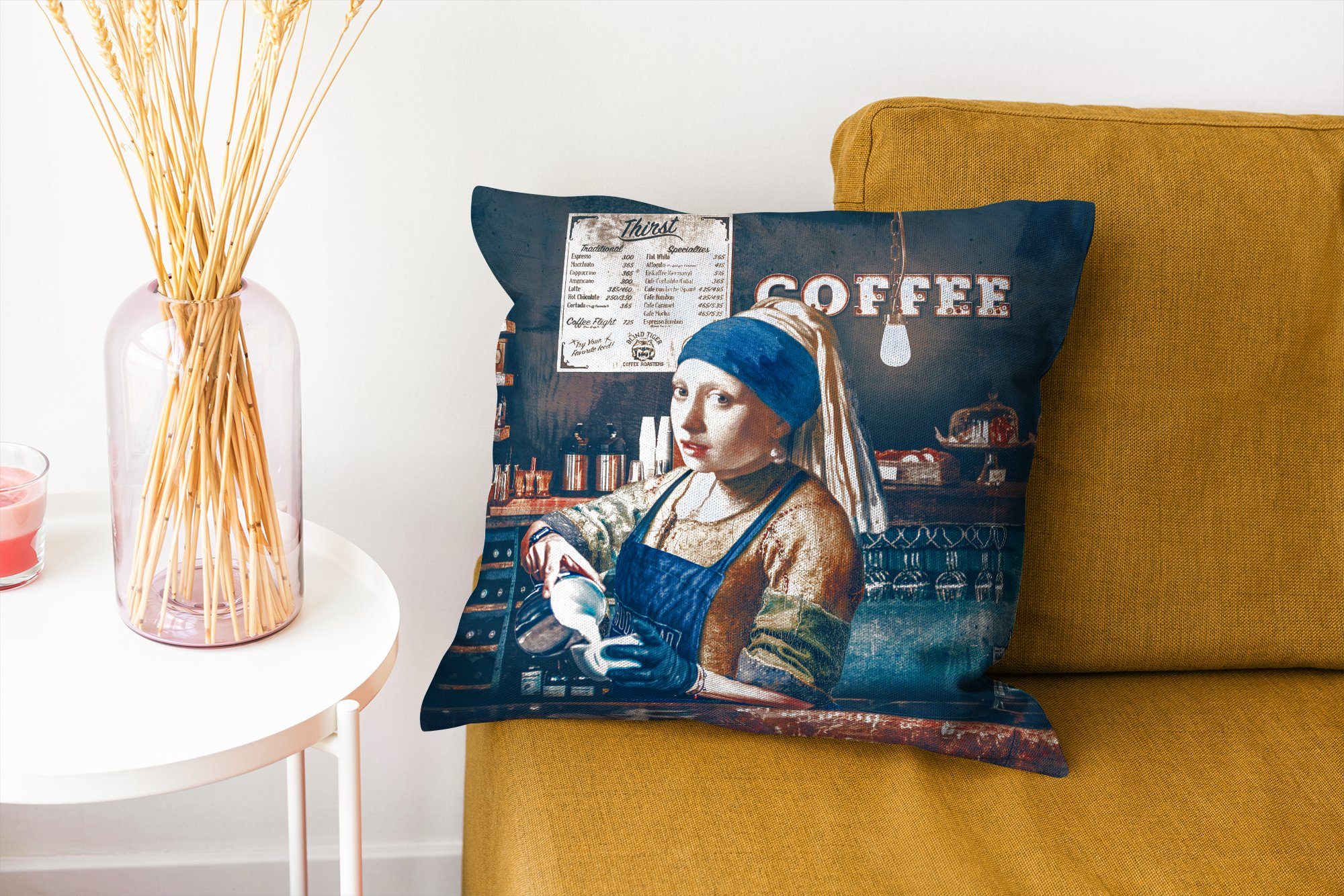 MuchoWow Dekokissen Kaffee - Mädchen Sofakissen -, Cappuccino - Schlafzimmer, mit - Vermeer Füllung Wohzimmer, Perlenohrring Deko, für Barista mit - Zierkissen