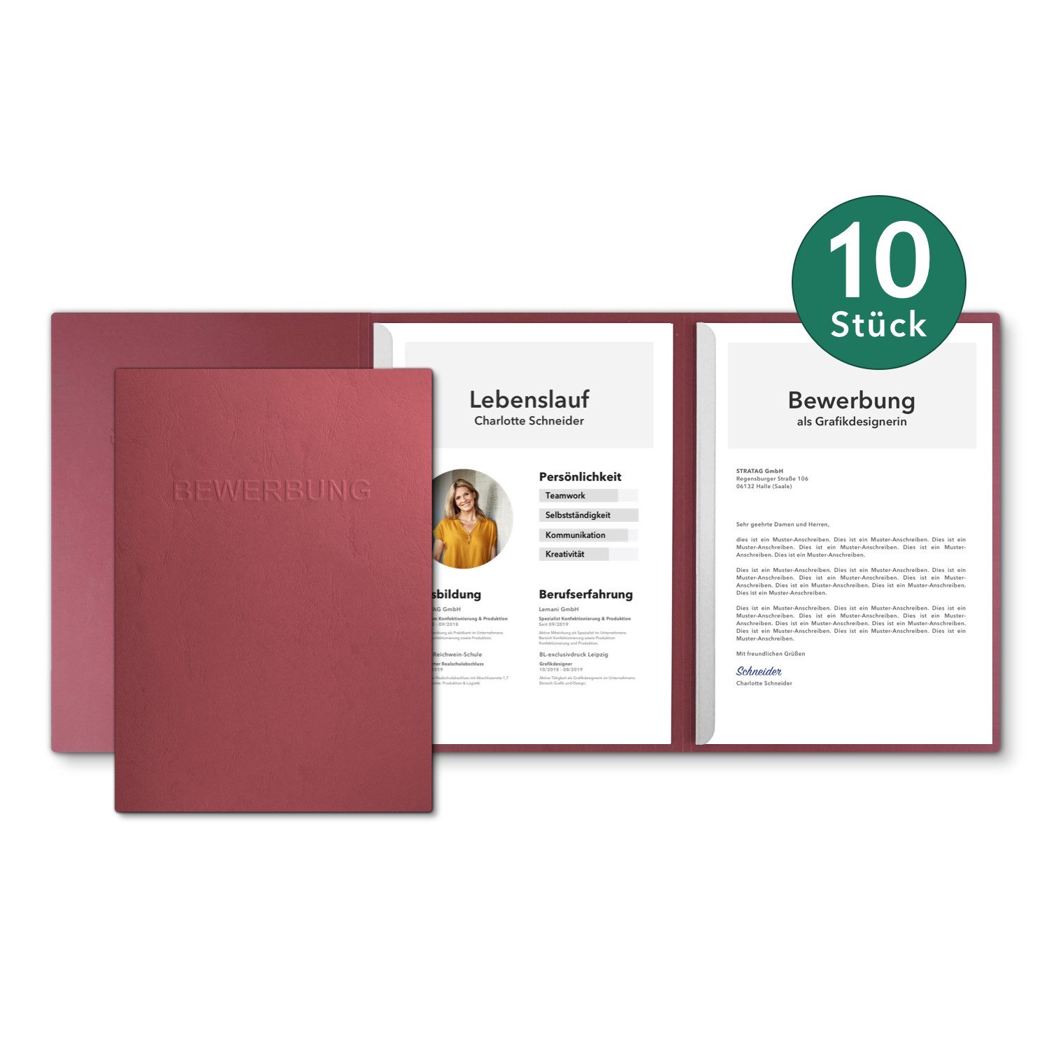 STRATAG Bewerbungsmappe 10 Stück 3-teilig mit 2 Klemmschienen in feinster Lederstruktur (Set, 10-St., mit hochwertiger Prägung BEWERBUNG), direkt vom Hersteller STRATAG - handgefertigt in Deutschland