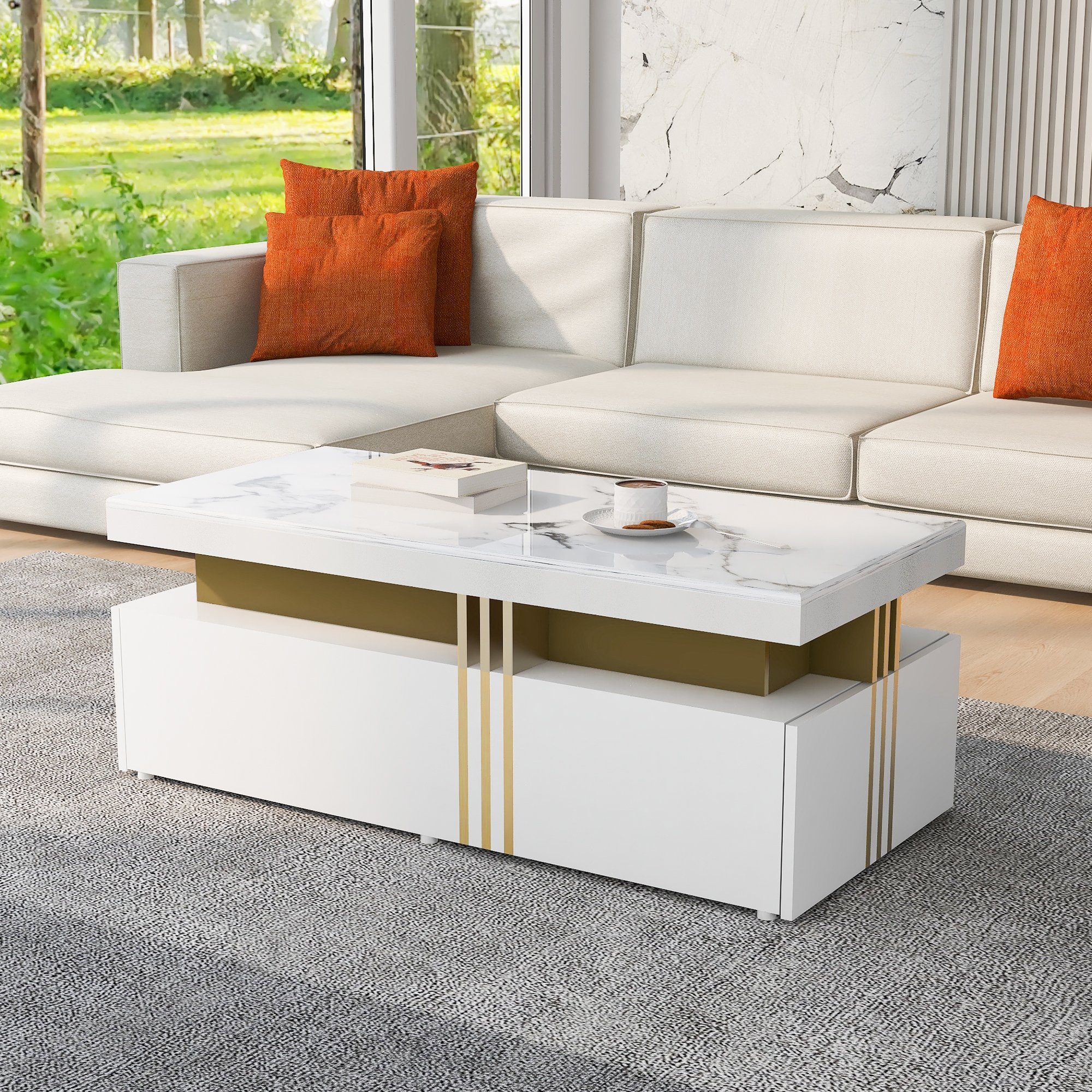 Merax Couchtisch mit Schubladen und Tischplatte in Marmoroptik, Beistelltisch aus Holz mit goldenen Dekor, Wohnzimmertisch Industrial – Bild 4 von 5