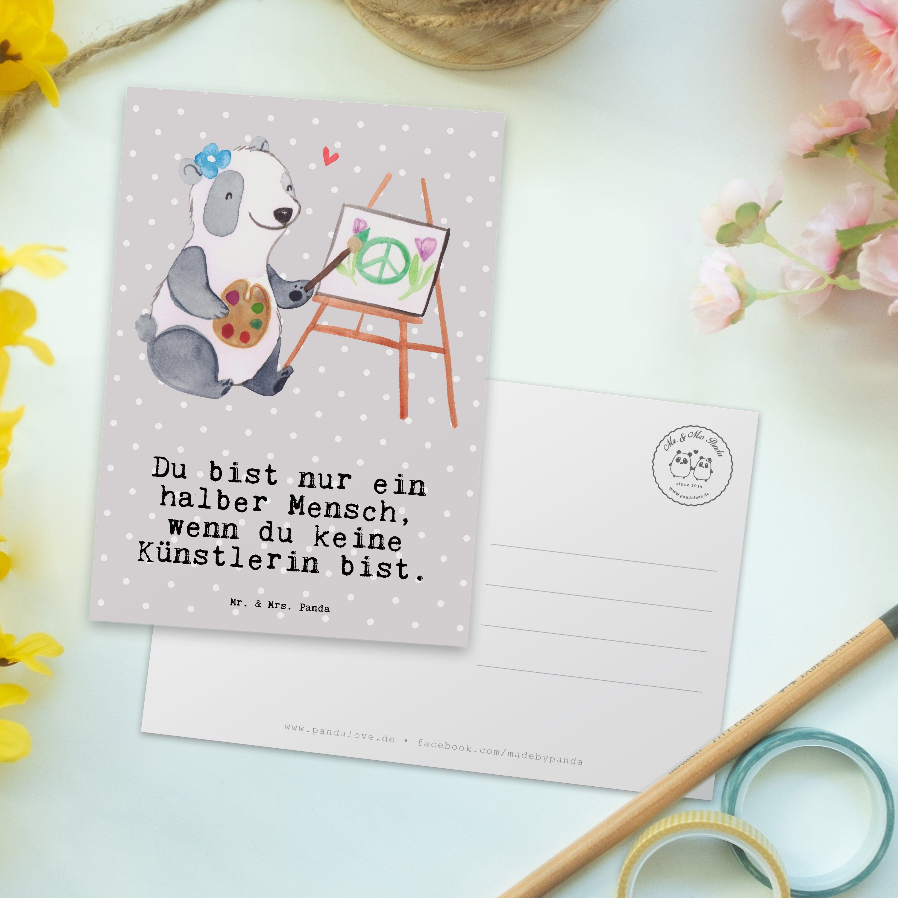 Mr. & Mrs. Panda Postkarte Dankeschön, - Künstlerin Pastell Geschenk, Herz Grau - mit Kunstmaler