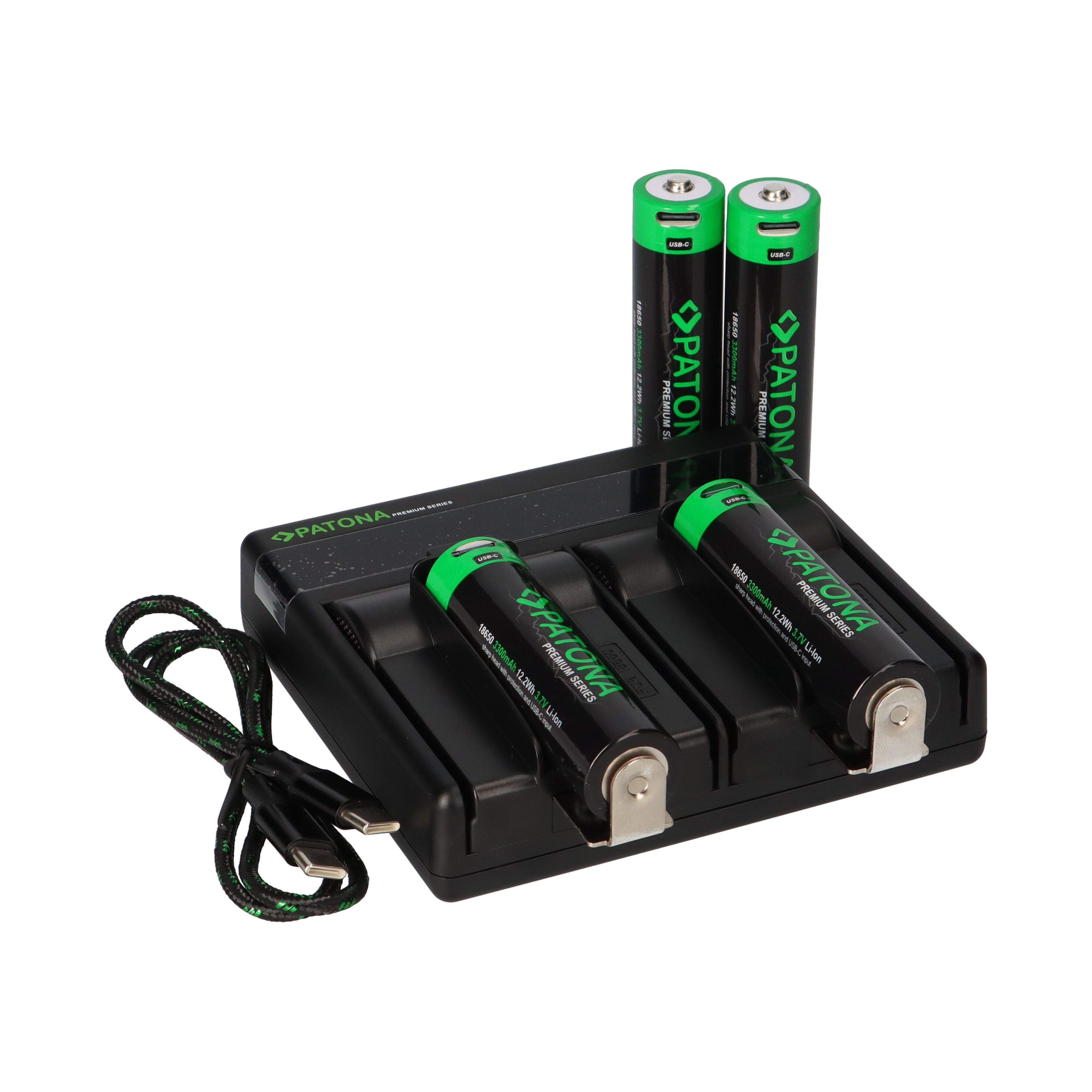 Patona Dual PD Performance Ladegerät + 4 Premium 18650 Zellen + USB-C Input Akku