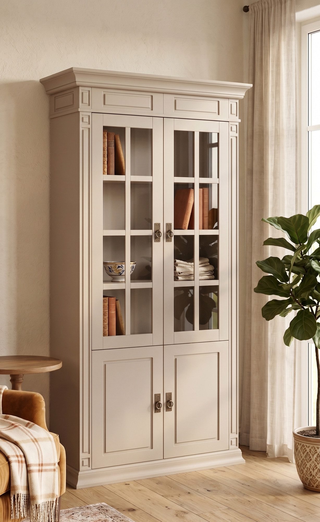 OTTO home Vitrine Vinales, 4 Türen, 6 Fächer (B/T/H: 93/39/196 cm) Messinggriffe im Jugendstil, viel Stauraum durch 6 Fächer