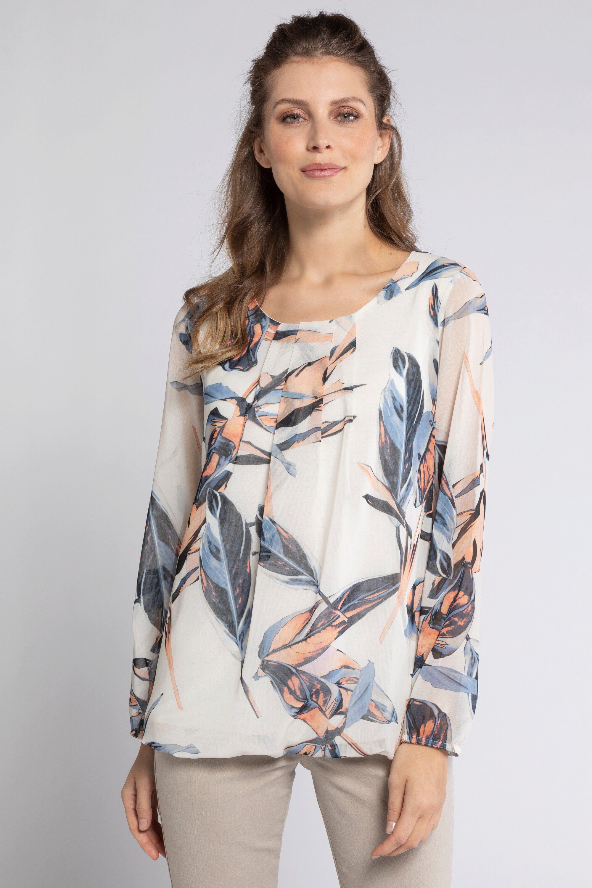 Gina Laura Longbluse Tunika geblümter Chiffon Zierfalten Jerseytop