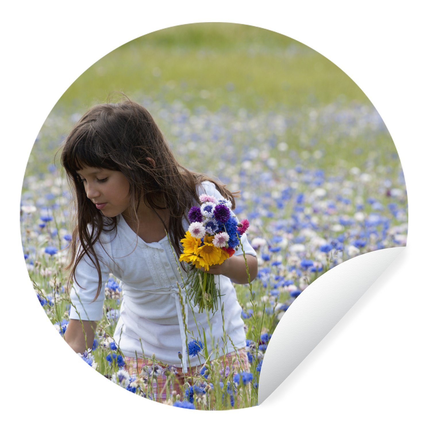 Tapetenkreis Rund, Wandsticker Wiese Blumen Mädchen Wohnzimmer Tapetenaufkleber, - - Kinderzimmer, (1 für St), MuchoWow