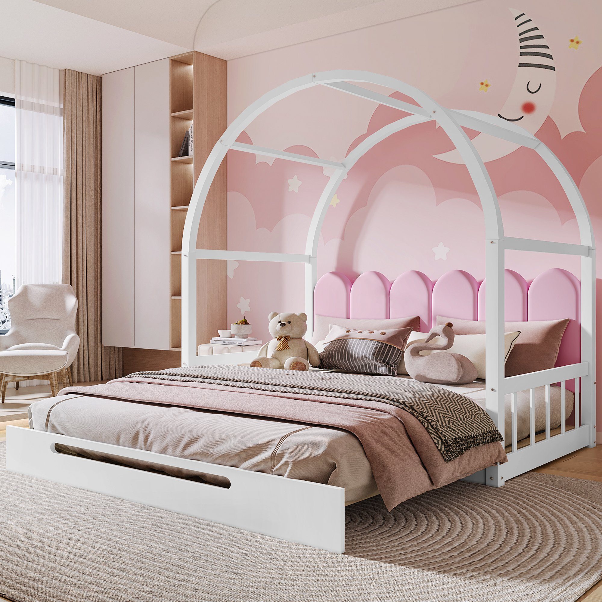 Flieks Kinderbett, Kiefer Schiebebett mit Samt Zaun-Kissen 140x100cm/140x200cm weiß | rosa