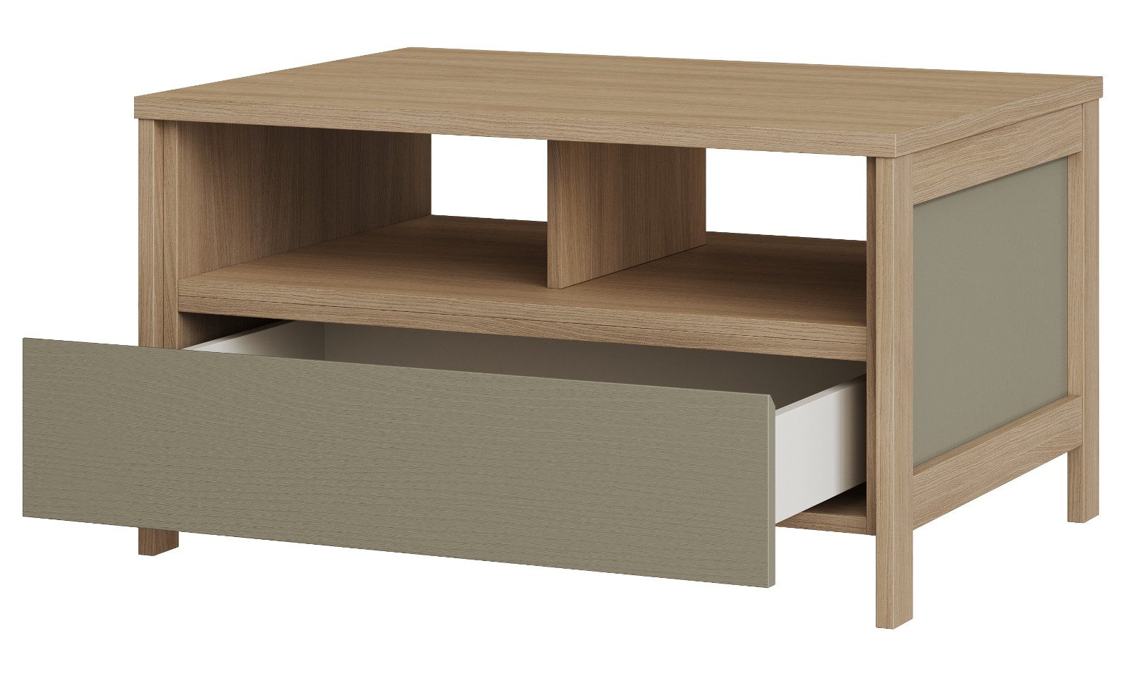 Furn.Design Couchtisch Finnes (Wohnzimmer Tisch in Salbei mit Eiche Natur, 80 x 60 cm), Schublade mit Soft-Close-Funktion