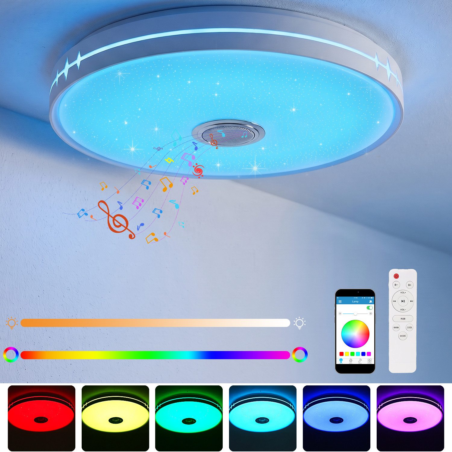 oyajia Deckenleuchte Dimmbar Deckenlampe mit Bluetooth Lautsprecher RGB, Fernbedienung, APP, LED fest integriert, RGB, Tageslichtweiß, LED Deckenleuchte,Ø 30/40/50cm,für Badezimmer Schlafzimmer Wohnzimmer