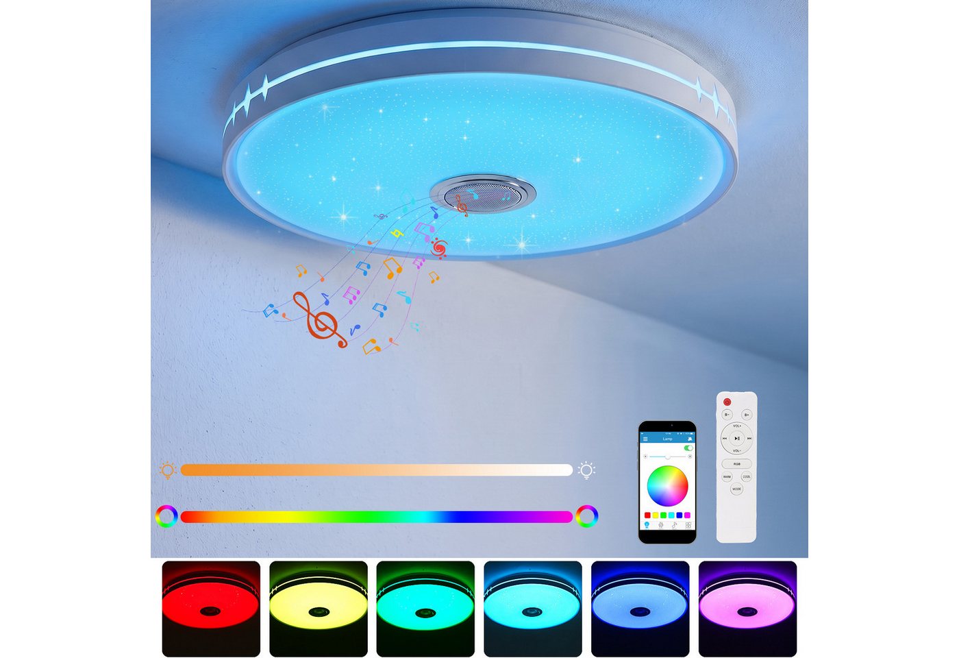 oyajia Deckenleuchte Dimmbar Deckenlampe mit Bluetooth Lautsprecher RGB, Fernbedienung, APP, LED fest integriert, RGB, Tageslichtweiß, LED Deckenleuchte,Ø 30/40/50cm,für Badezimmer Schlafzimmer Wohnzimmer