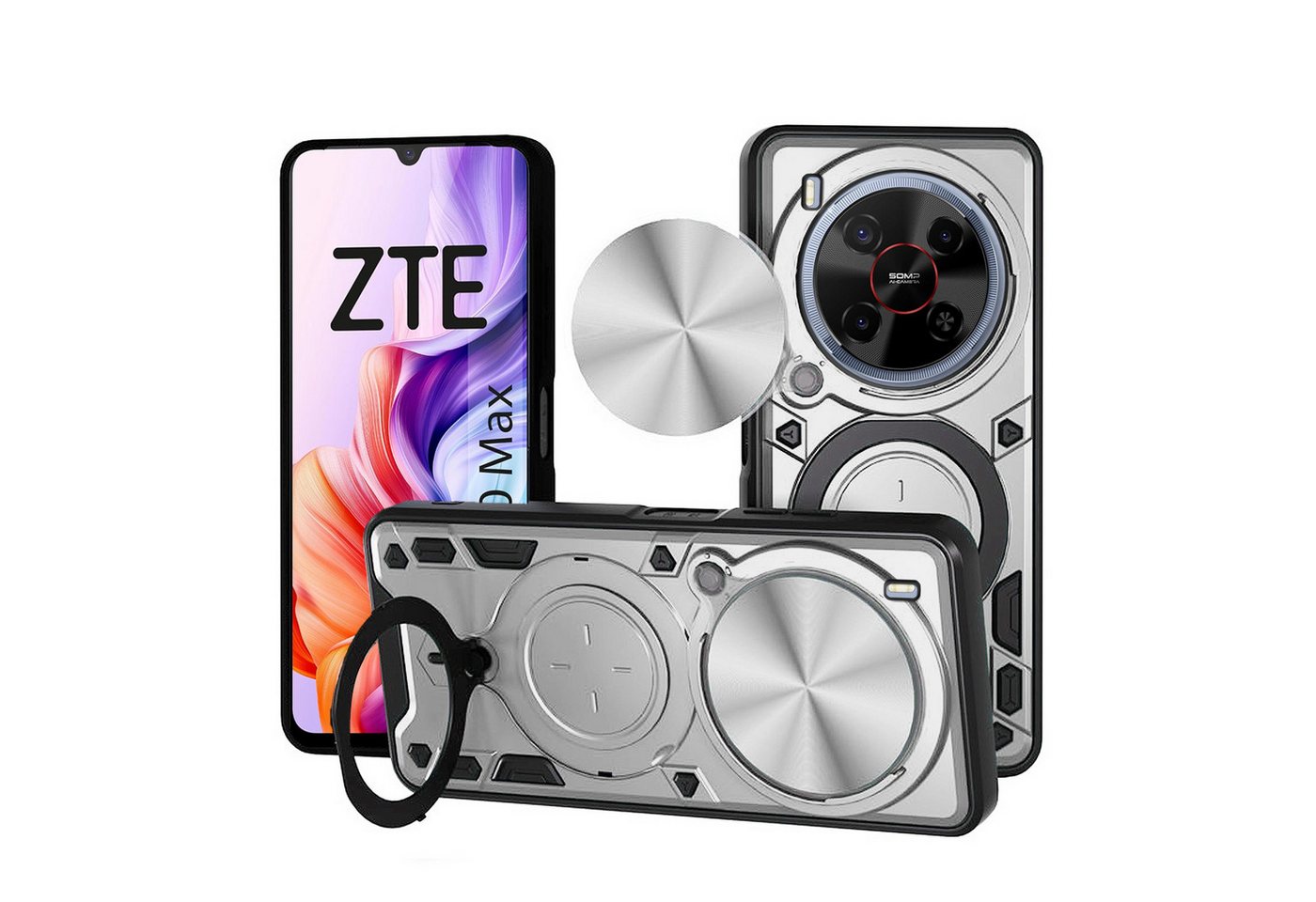 betterfon Handyhülle für ZTE Blade Hülle mit Slide Kameraschutz Ringhalter, Outdoorhülle mit Smartstand, Silikonkern & präziser Passform