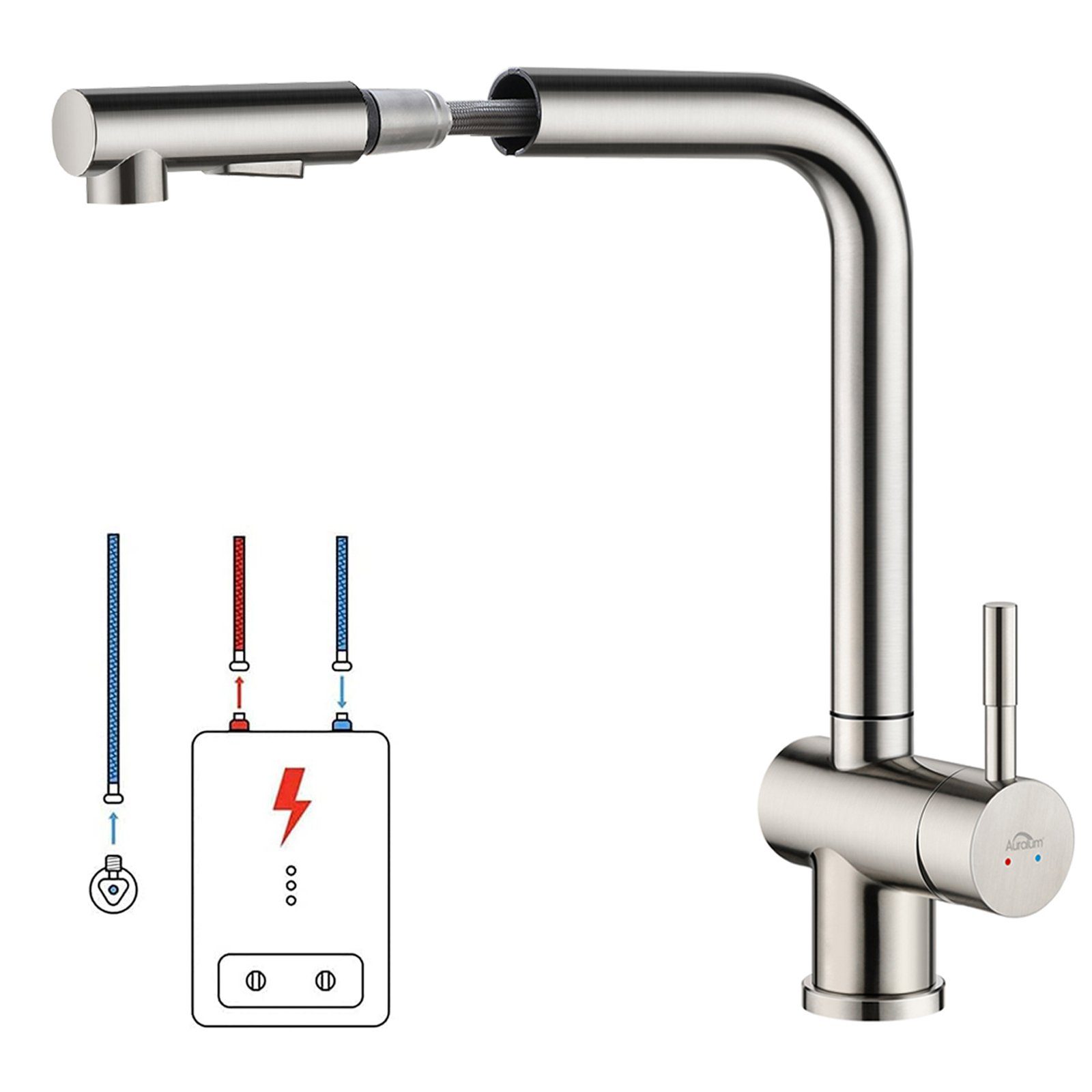 AuraLum pro Küchenarmatur Niederdruck Armatur Küche Ausziehbar,Wasserhahn mit Brause 2 Strahl 360° Drehbar Spültischarmatur für Boiler oder Kleinspeicher