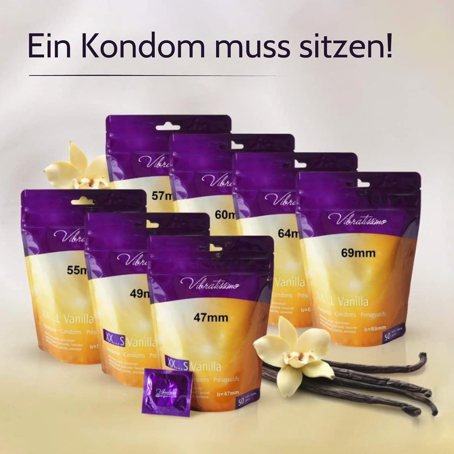Vibratissimo Kondome Premium Vanilla, verschiedene Größen, aromatisiert mit dezentem Vanilleduft, 47-69mm Durchmesser